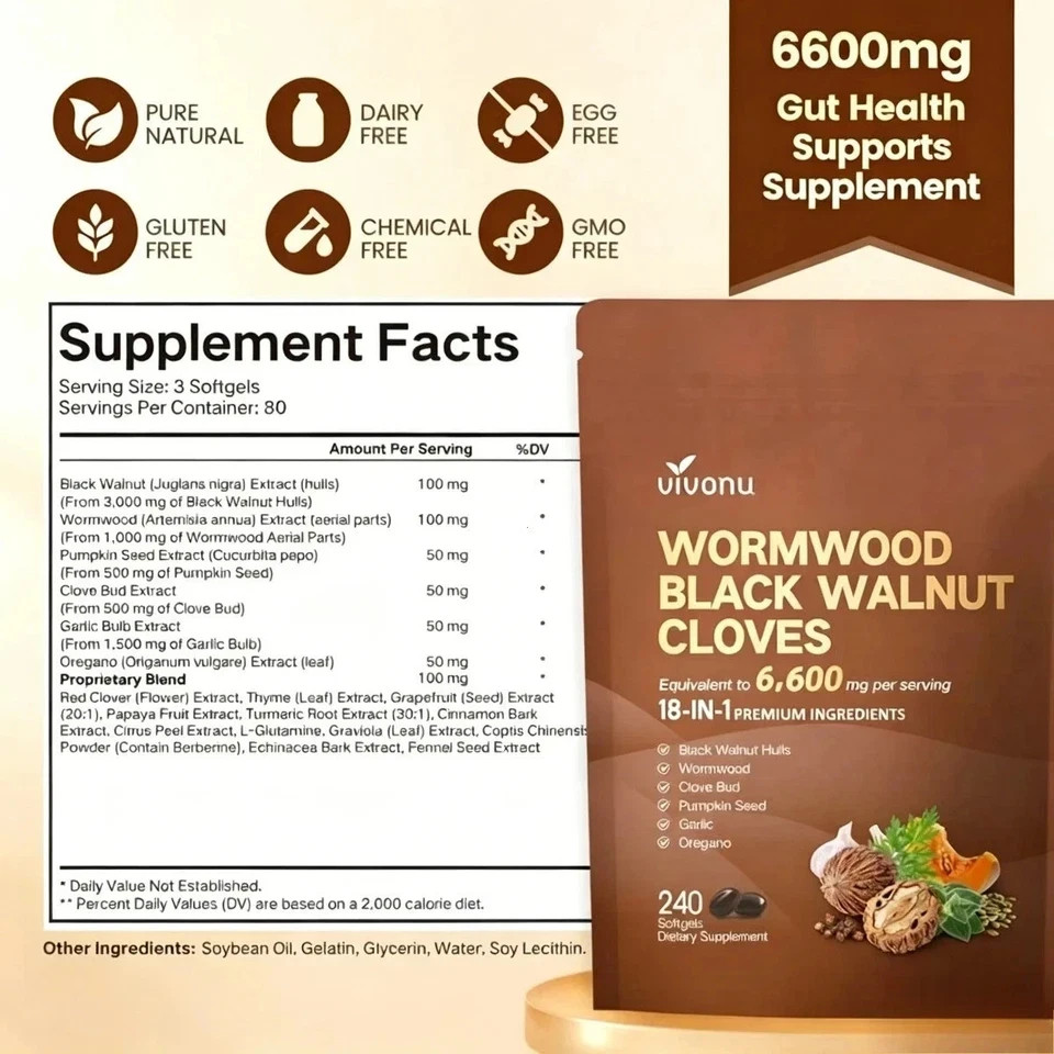 VivoNu Wormwood Black Walnut Cloves–Natural Cleanse & Metabolism, 240 Softgels