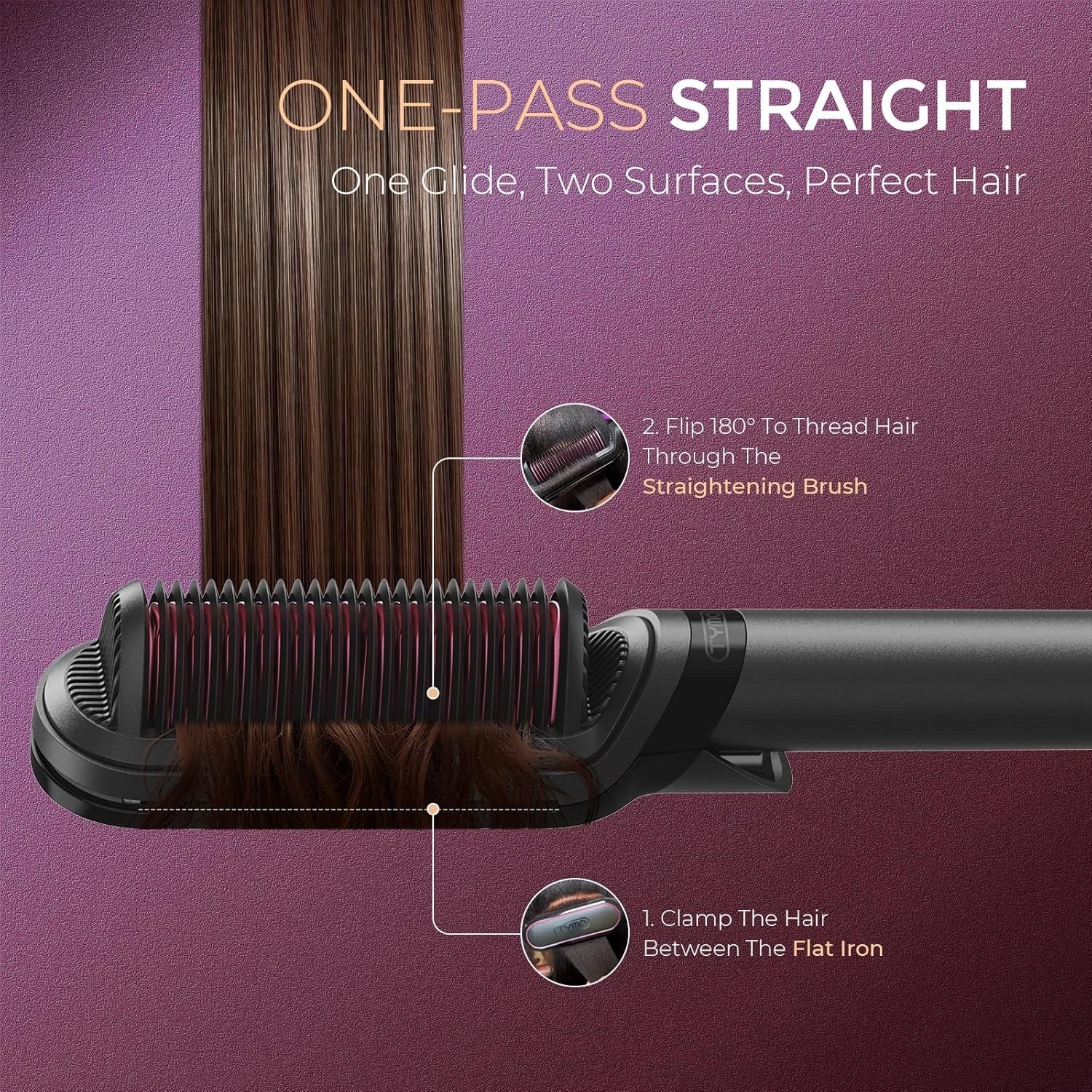 TYMO Flipro Flat Iron Hair Straightener Brush 2 in 1, 200M Ions