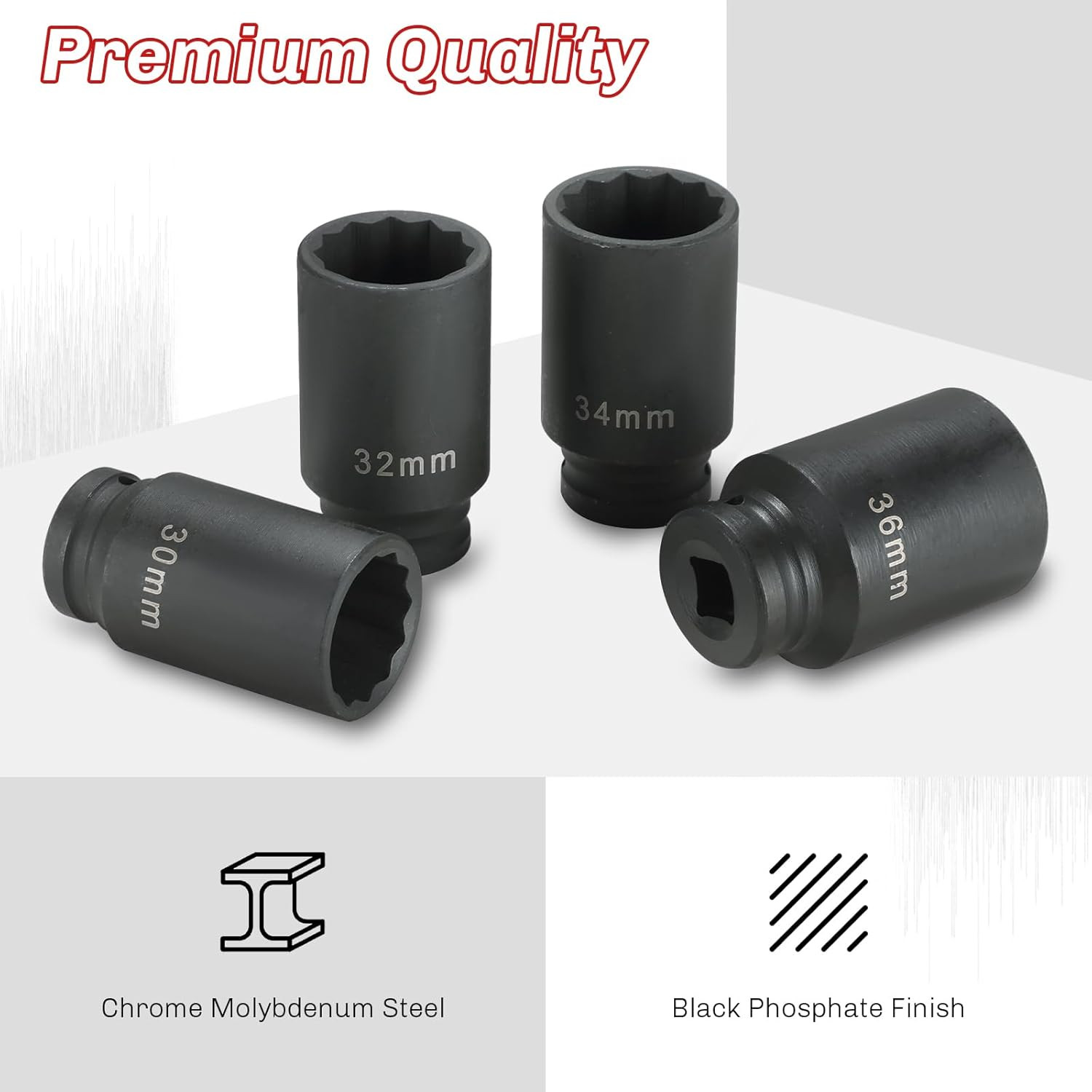 Heavy-Duty 1/2-Inch Drive Impact Socket Set | 4PCS Deep Spindle Axle Nut Socket