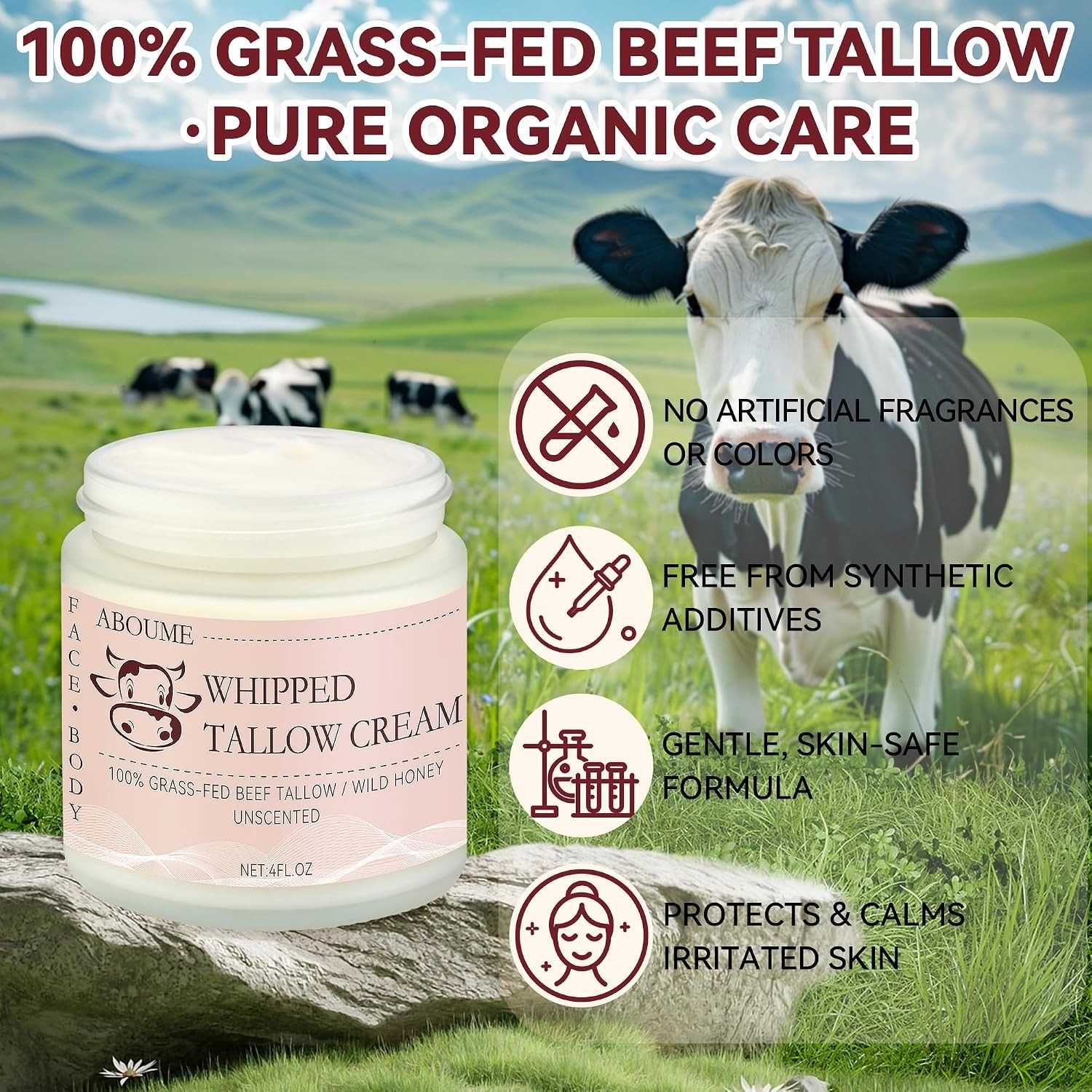 Grass Fed Whipped Beef Tallow Balm Face Body Cream Sensitive Skin 4oz