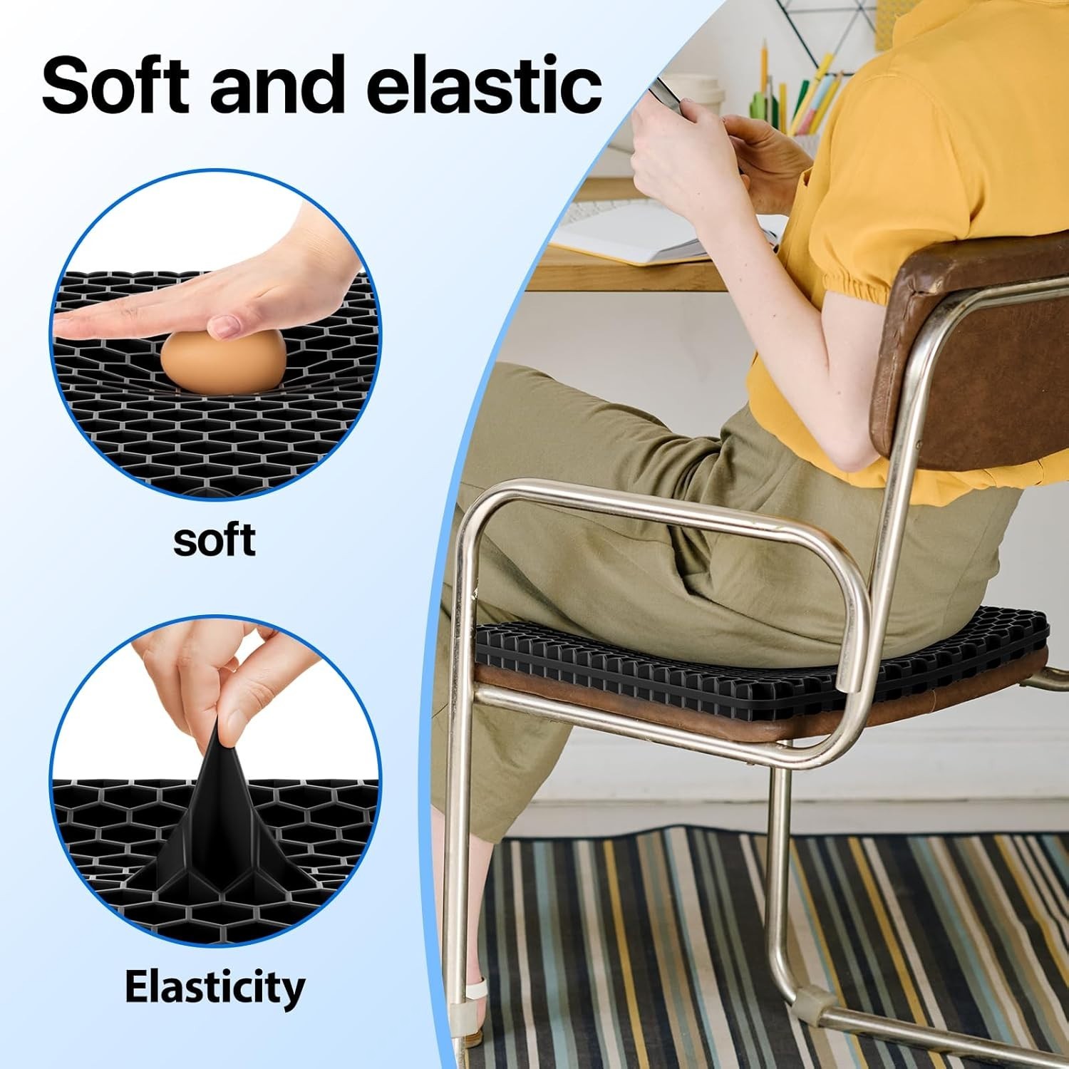 Black Gel Seat Cushion 18.9×17.7×1.6in, Breathable, Double-Layer Design