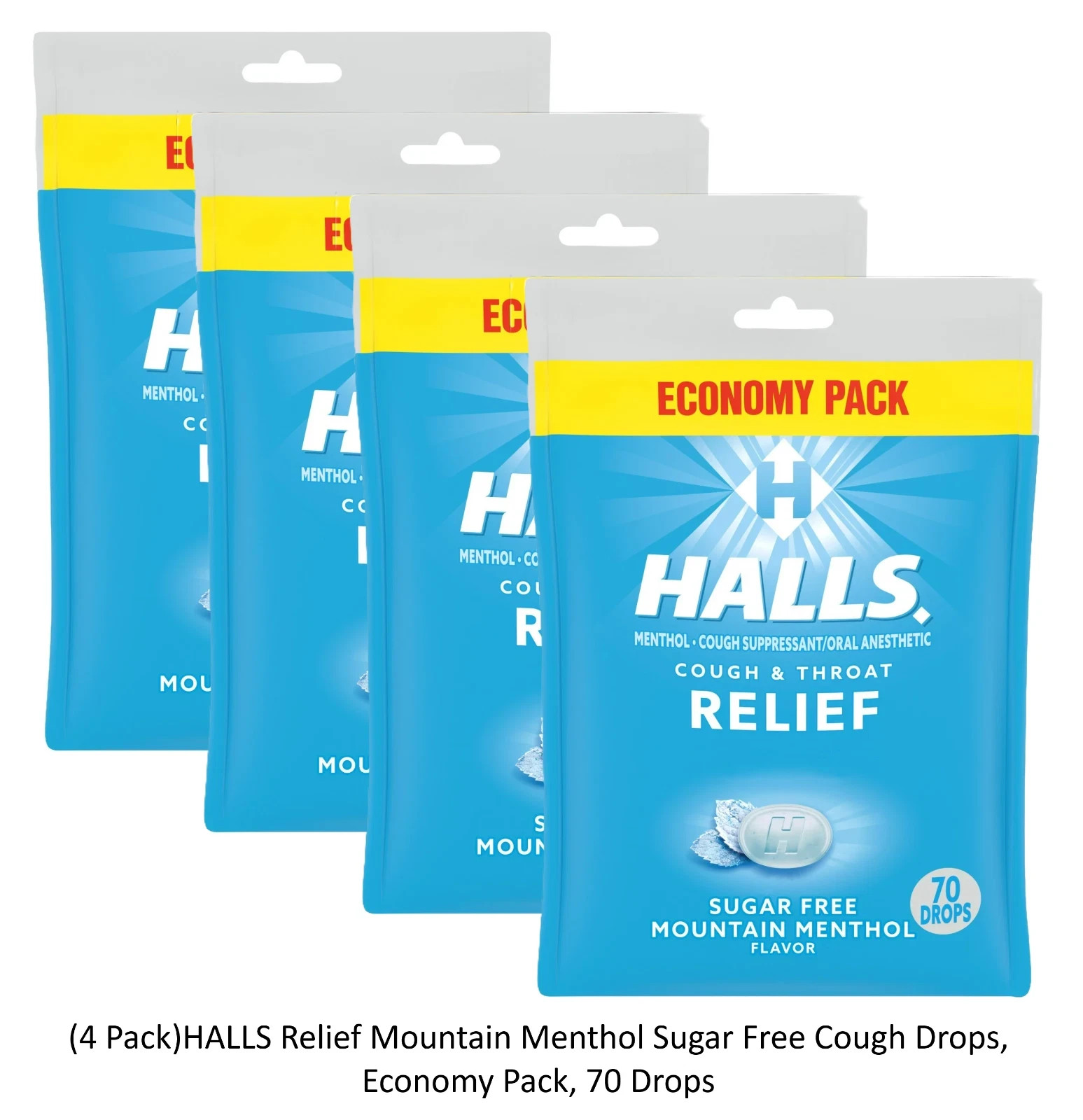 4 PACK HALLS Relief Mountain Menthol Sugar Free Cough Drops, 70 Drops