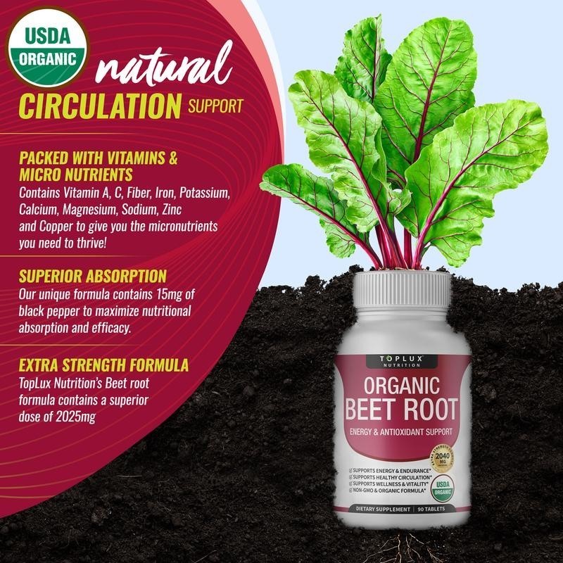 3PCS -TopLux Organic Beet Root 2040mg–90Tablets–Energy,Circulation&Antioxidant