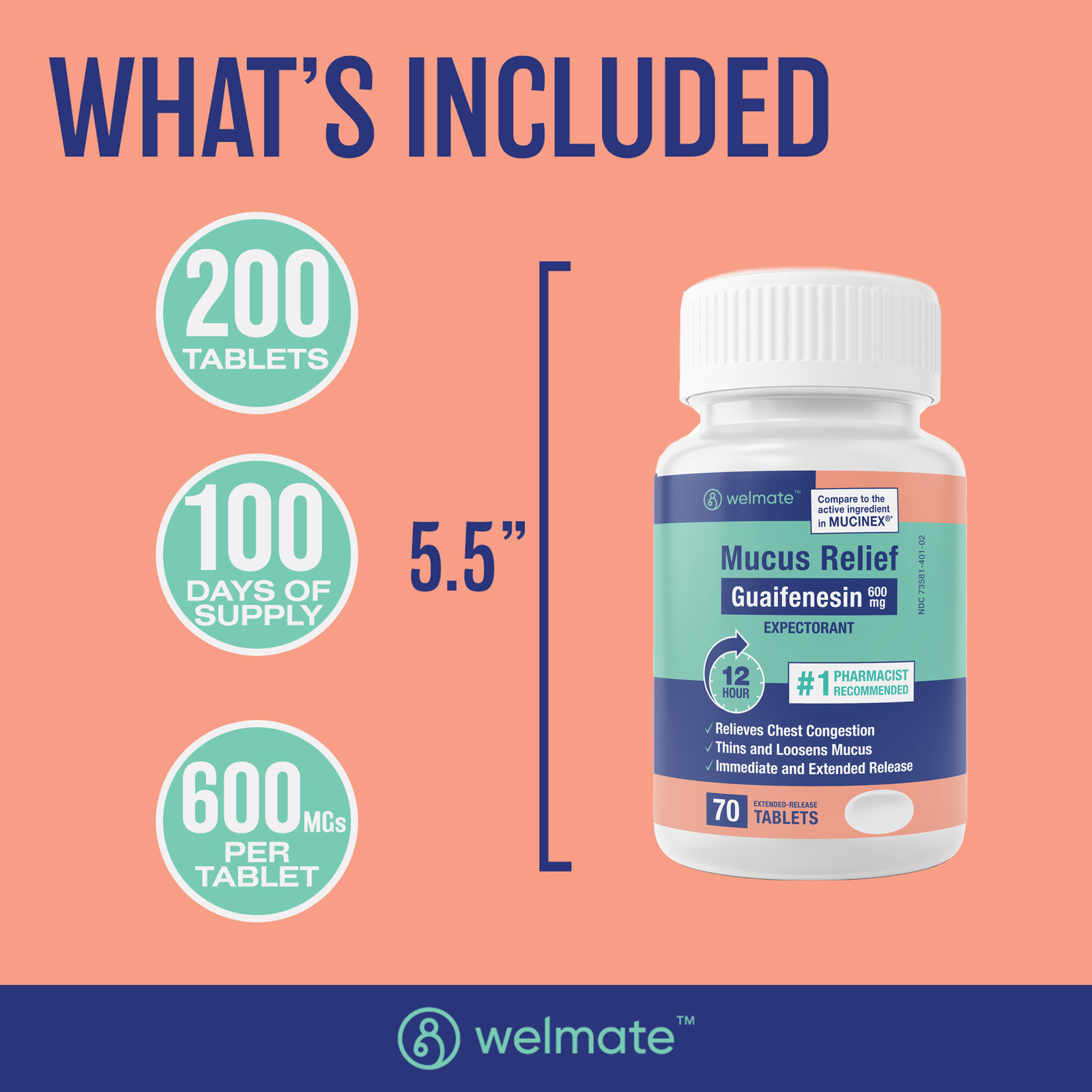 Welmate Mucus Relief | Guaifenesin 600 mg 12 Hour | 70 Count Extended-Release