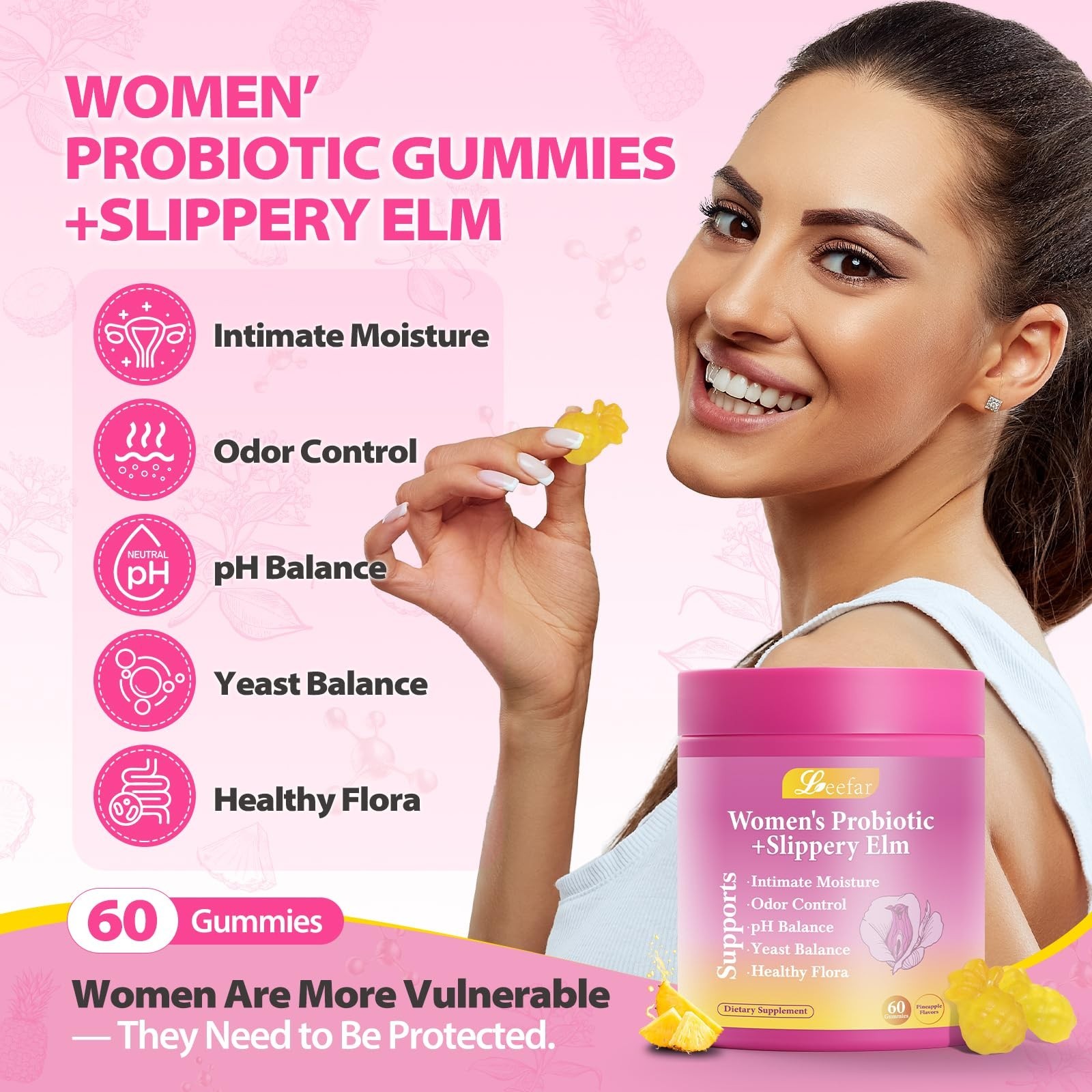 Leefar Her Juicy Probiotic Gummies – Slippery Elm, Gut & Vaginal Health, 60ct