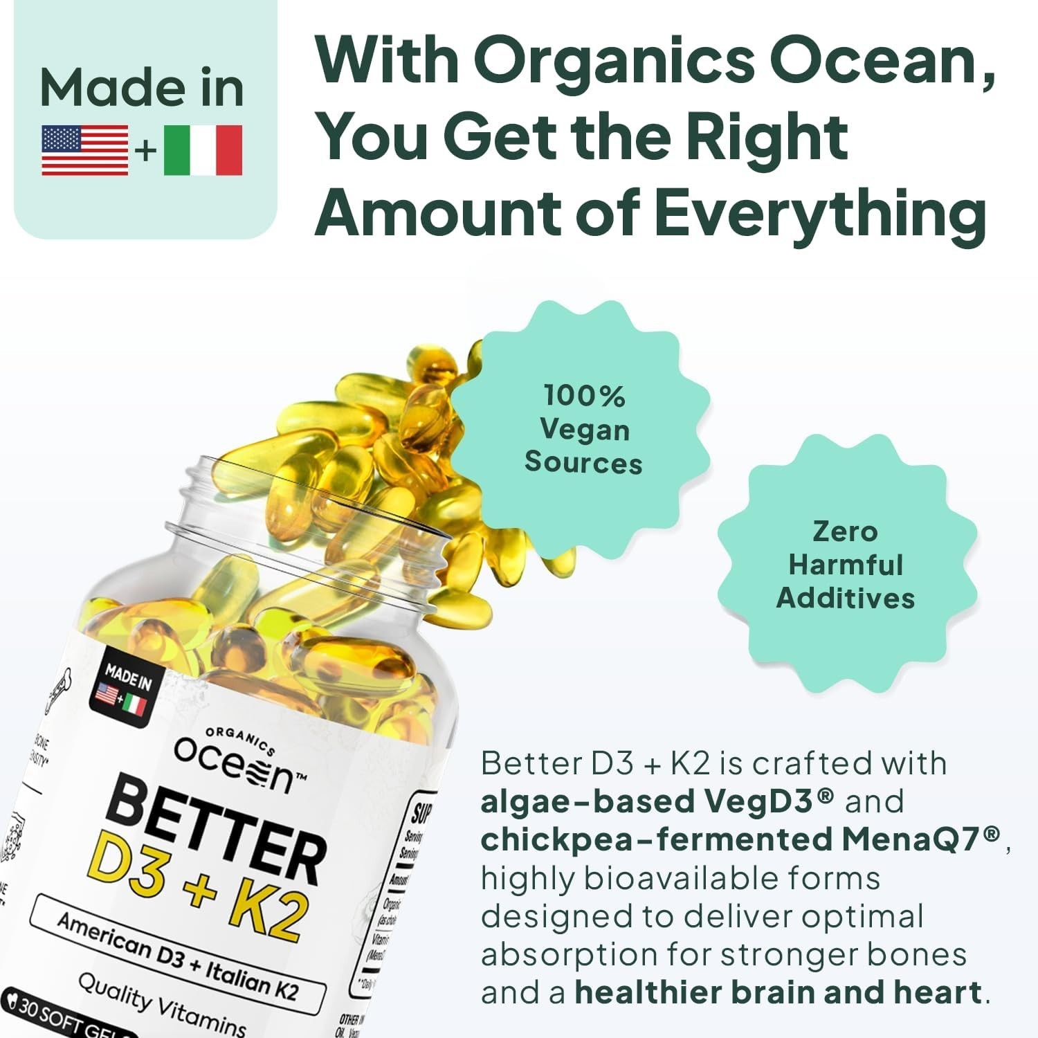 Organics Ocean Better D3 + K2 100% Organic Dietary Suppliment | 30 Softgels