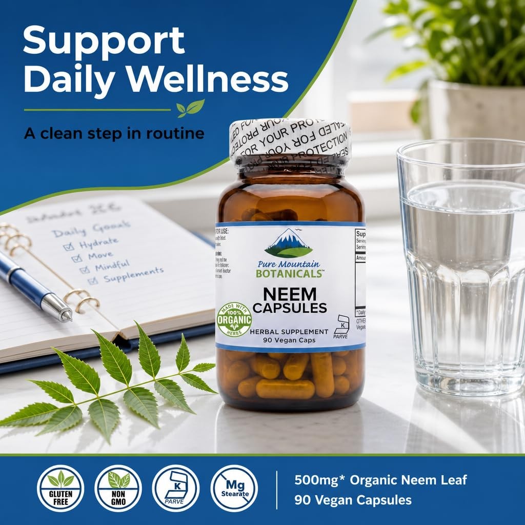 Pure Mountain Botanicals Neem Capsules – 500mg Organic Neem Leaf Supplement