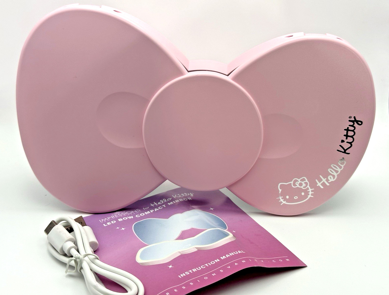 Hello Kitty Handheld LED Mirror- Pink Bow -Rechargeable battery 3 temp Large NIB