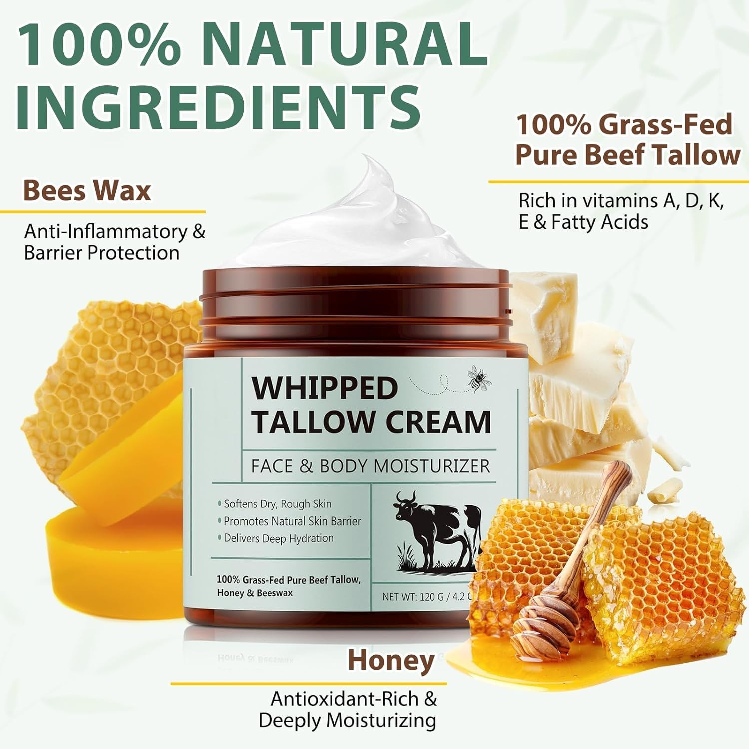 Grass Fed Whipped Beef Tallow Balm Honey Face Body Cream 4.2oz