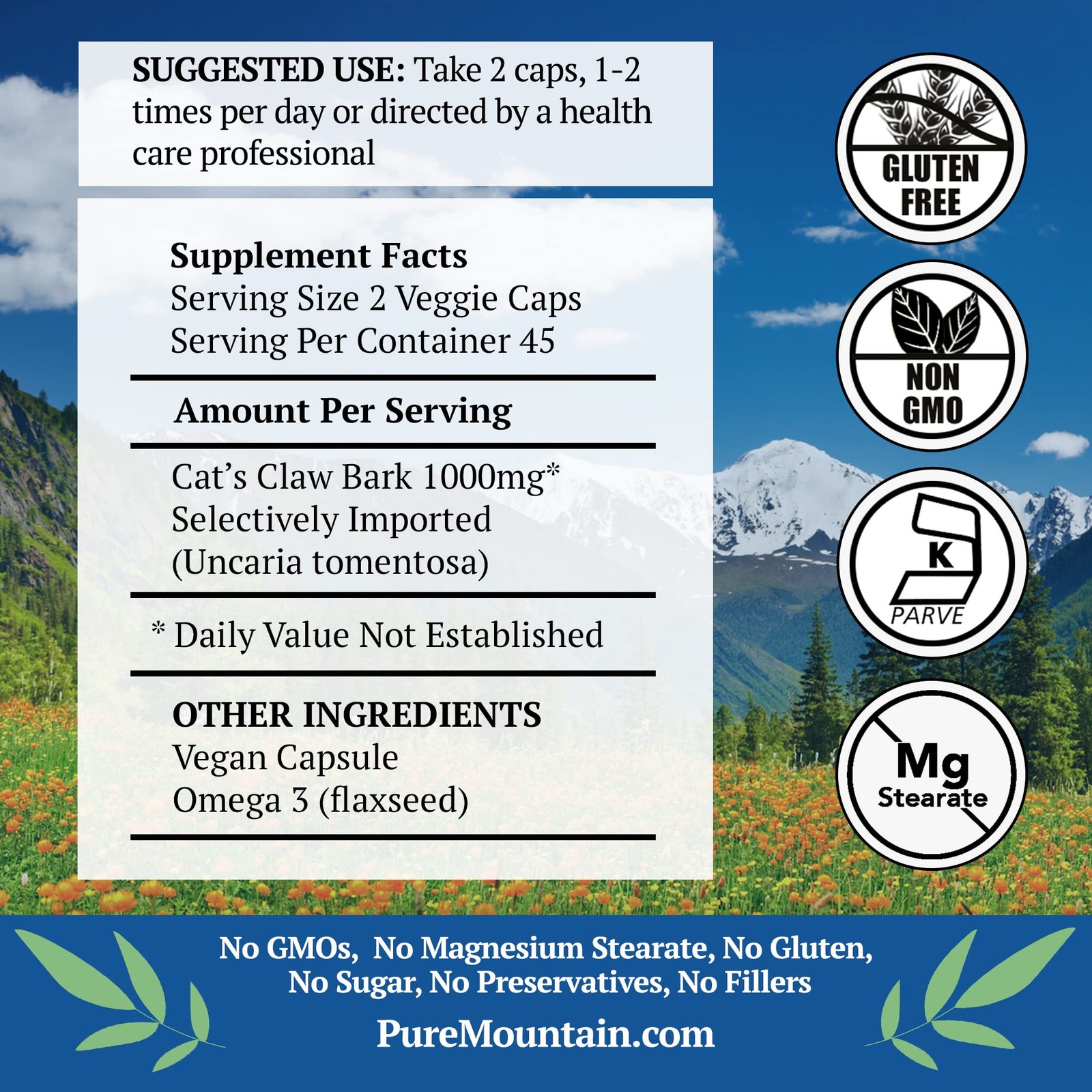 Pure Mountain Botanicals Cat’s Claw Capsules – 90 Kosher Vegan Caps with 1000mg