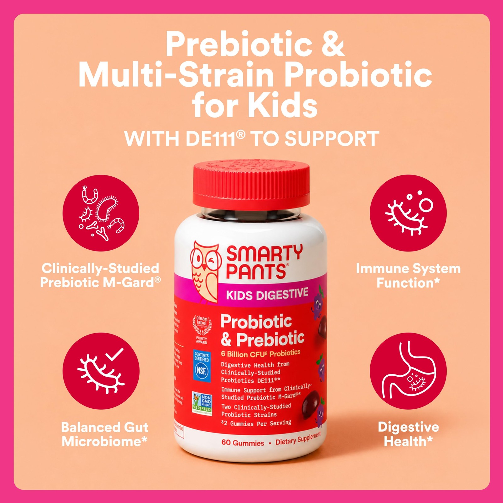 SmartyPants Kids Probiotic & Prebiotic Gummies for 60 Count (Pack of 1),