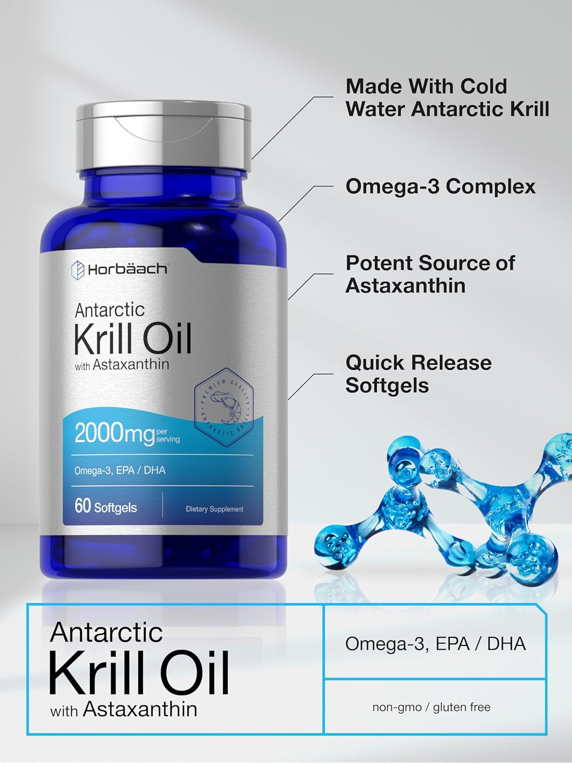 Horbäach Antarctic Krill Oil 2000Mg | 60 Softgel Capsules | Omega-3, EPA, DHA Su