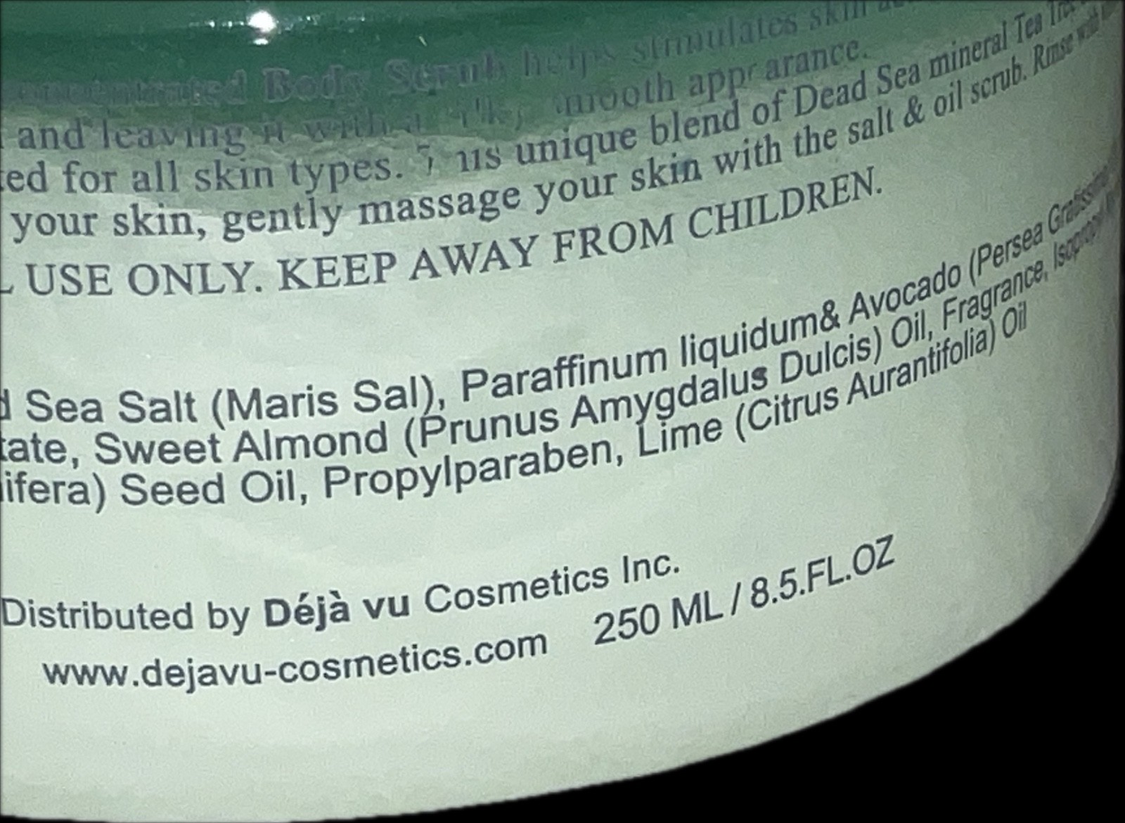 Deja Vu Dead Sea Minerals Green Tea Luxury Body Scrub 8.5 oz 250 ML Israel