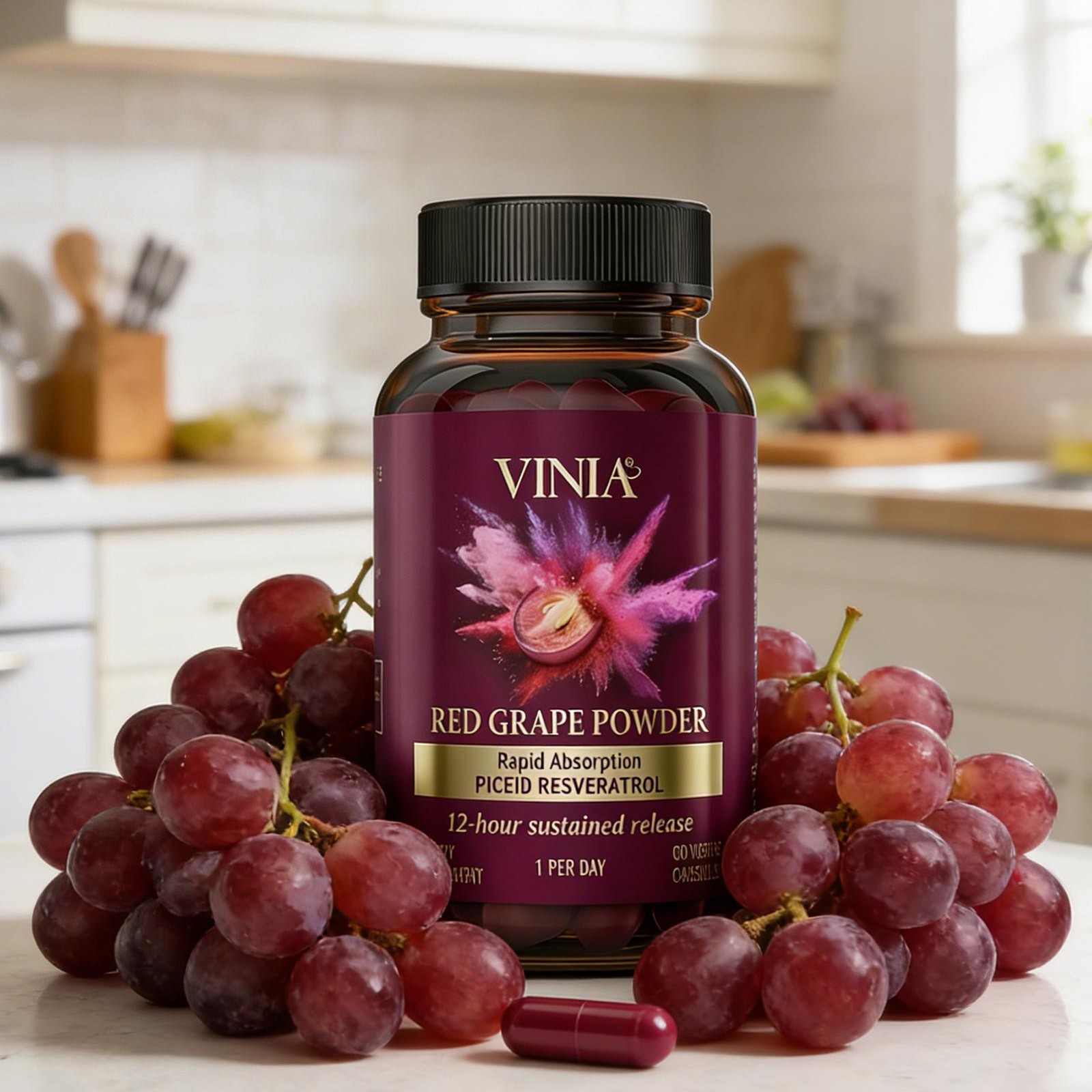 VINIA Piceid Resveratrol Red Grape Powder Supplement Increases Blood Flow 60caps