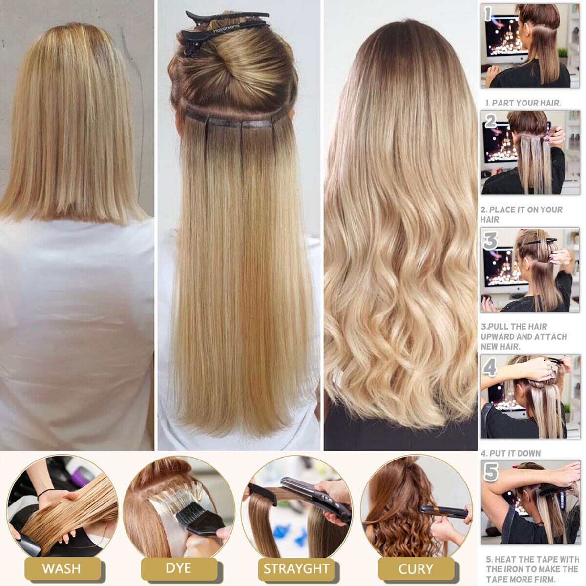 Tape in Human Hair Extensions Invisible Adhesive Glue Skin Weft Remy Hair16-26in