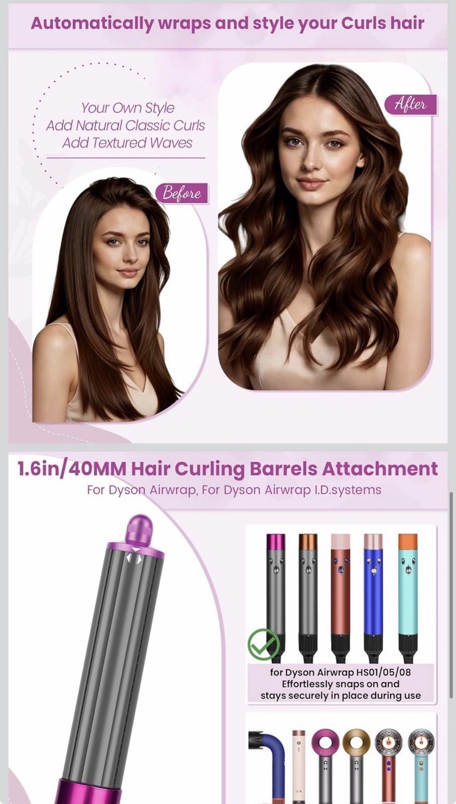Long barrel curl Multi Direction 1.6 in for Dyson Airwrap Hair Styler HS01 05 8