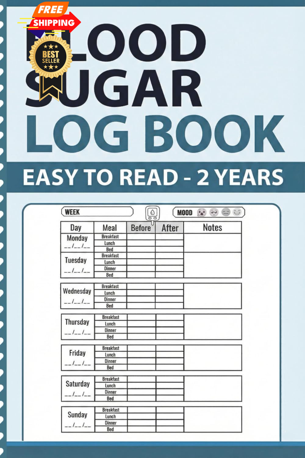 Blood Sugar Log Book – 2 Years: Daily Diabetic Glucose Diary, Insulin and…