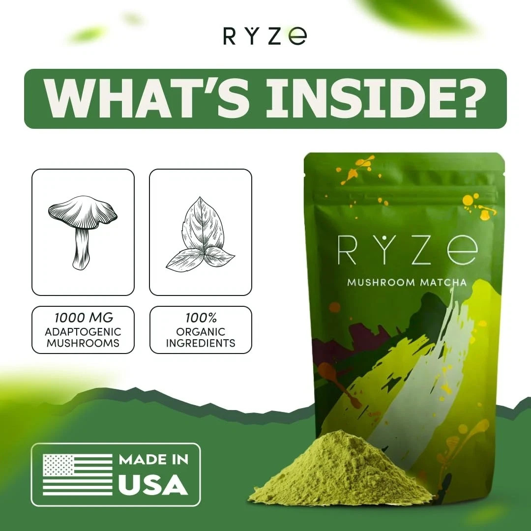RYZE SUPERFOODS Mushroom Matcha, USDA Organic , 30 Servings EXP: 04/01/2027