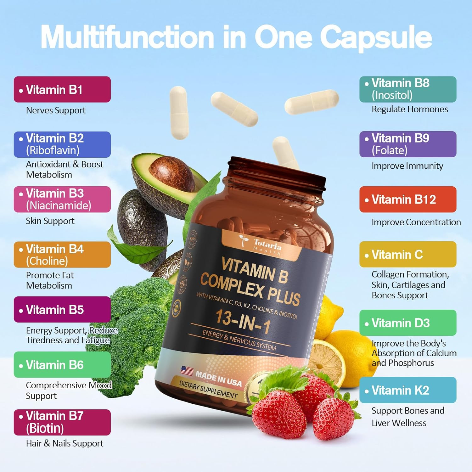 13-In-1 Vitamin B Complex plus with Vitamin B1, B2, B3 (Niacinamide), B4, B5, B6