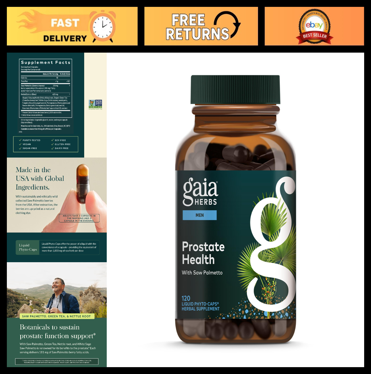 Prostate Health Support for Men – Saw Palmetto, Green Tea, Nettle Root – 120 Veg