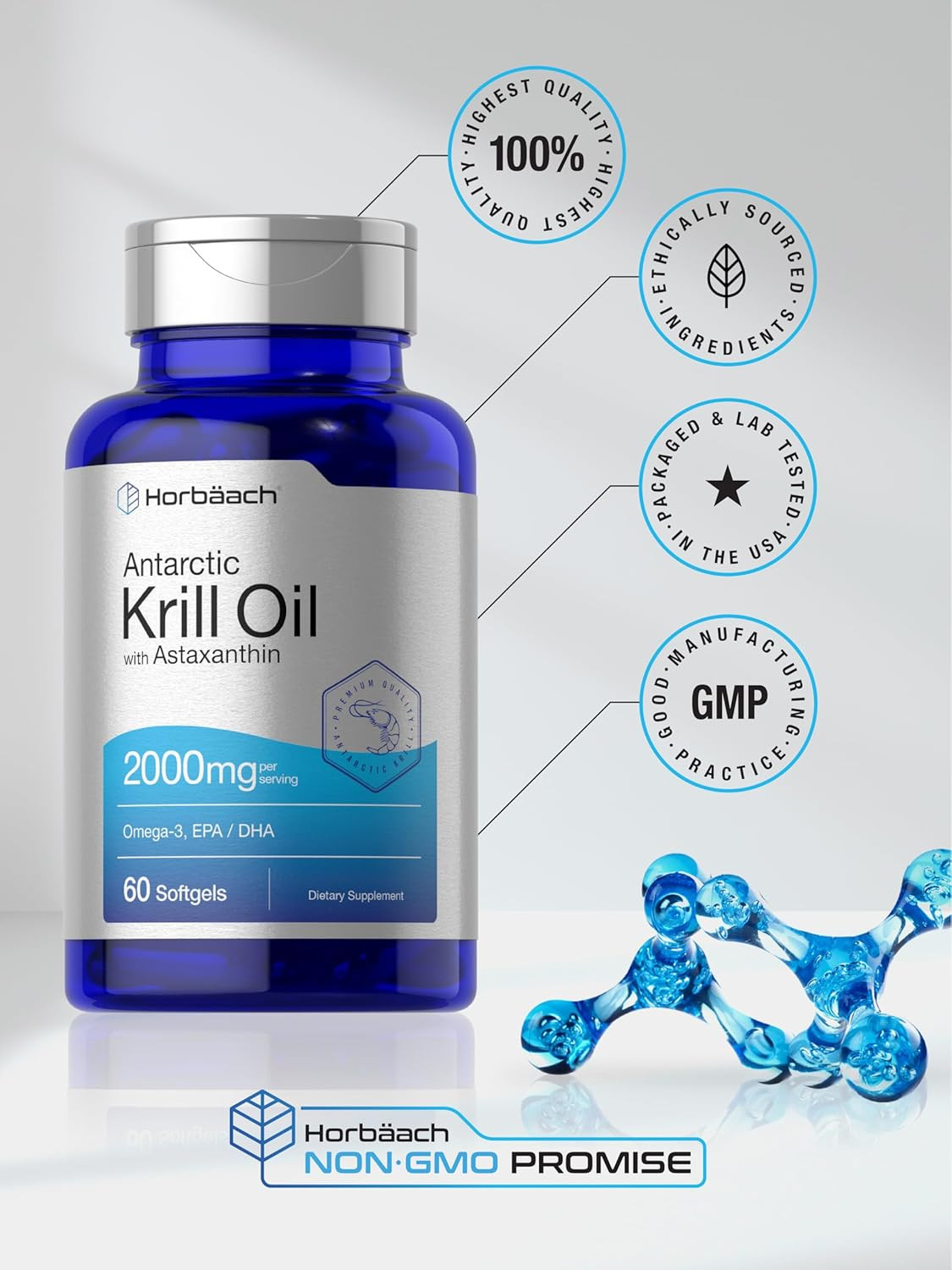 Horbäach Antarctic Krill Oil 2000Mg | 60 Softgel Capsules | Omega-3, EPA, DHA Su