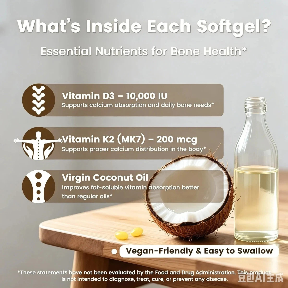 VEV D3 K2 10000 IU Softgels with Coconut Oil, 300 Ct,2-in-1 Vitamin,new