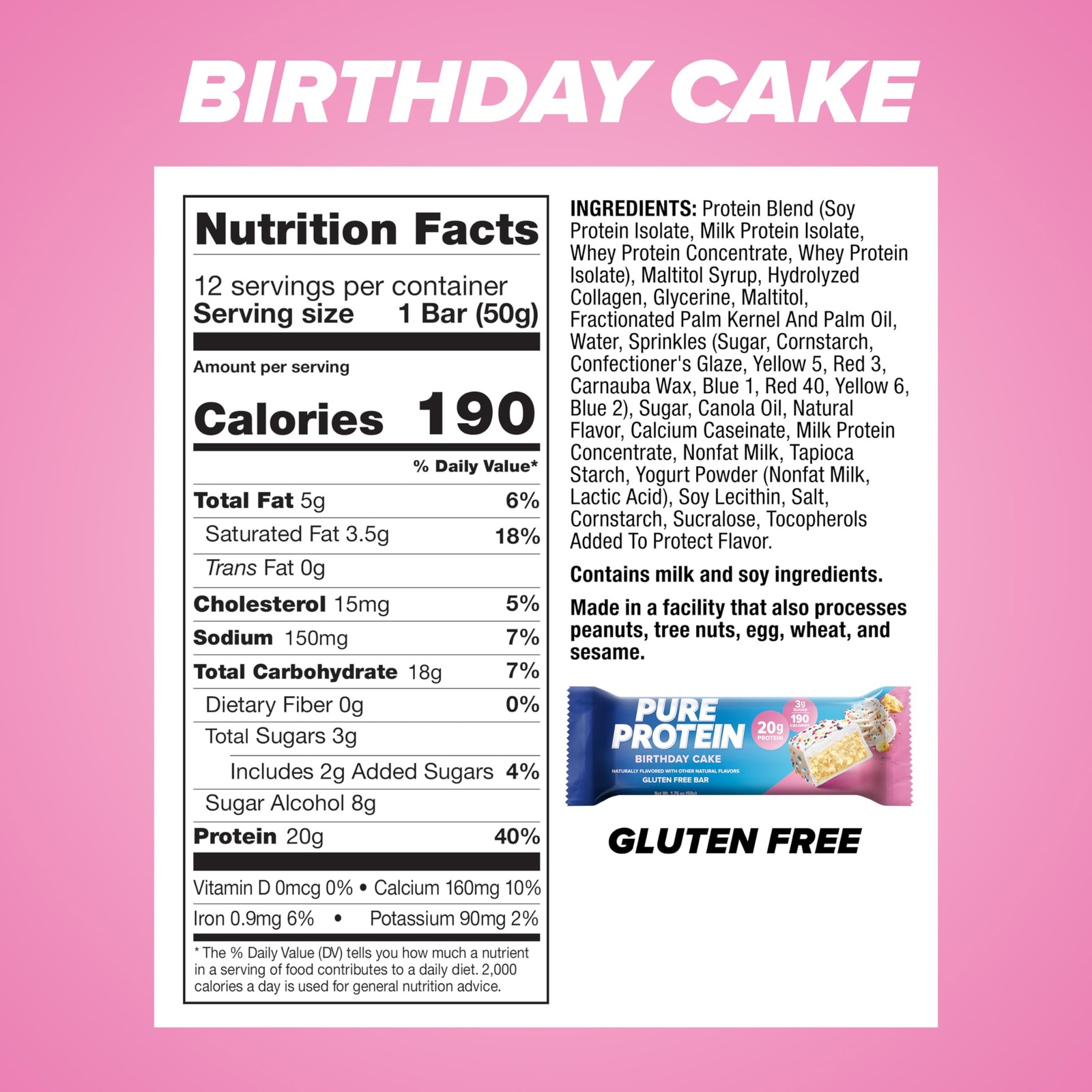Pure Protein Birthday Cake Protein Bars High Protein Snack (12 count) FS.
