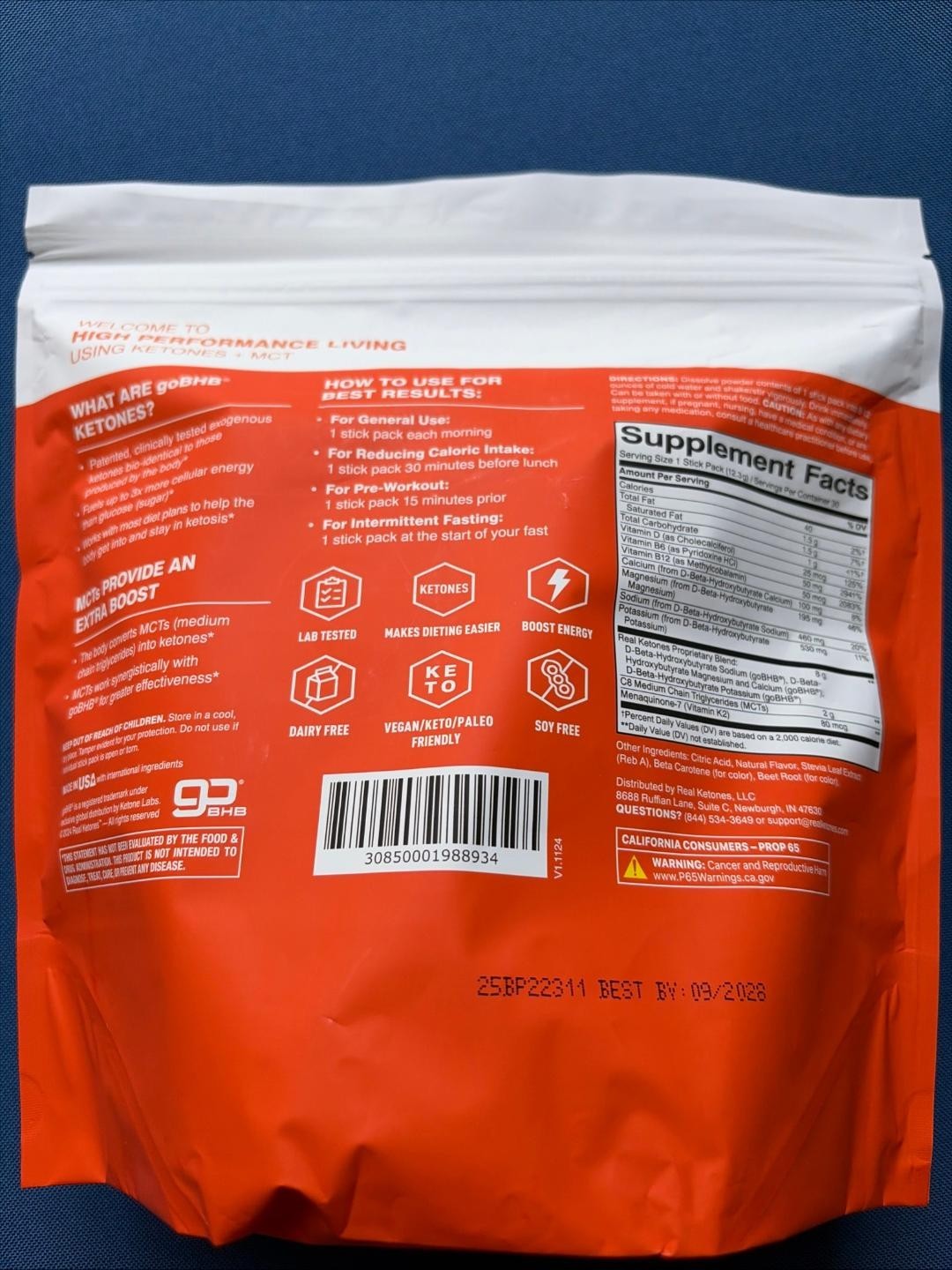 Real Ketones ELEVATE 60 Days Supply Packets, BHB, MCT, Orange &Mixed Berry, 2028