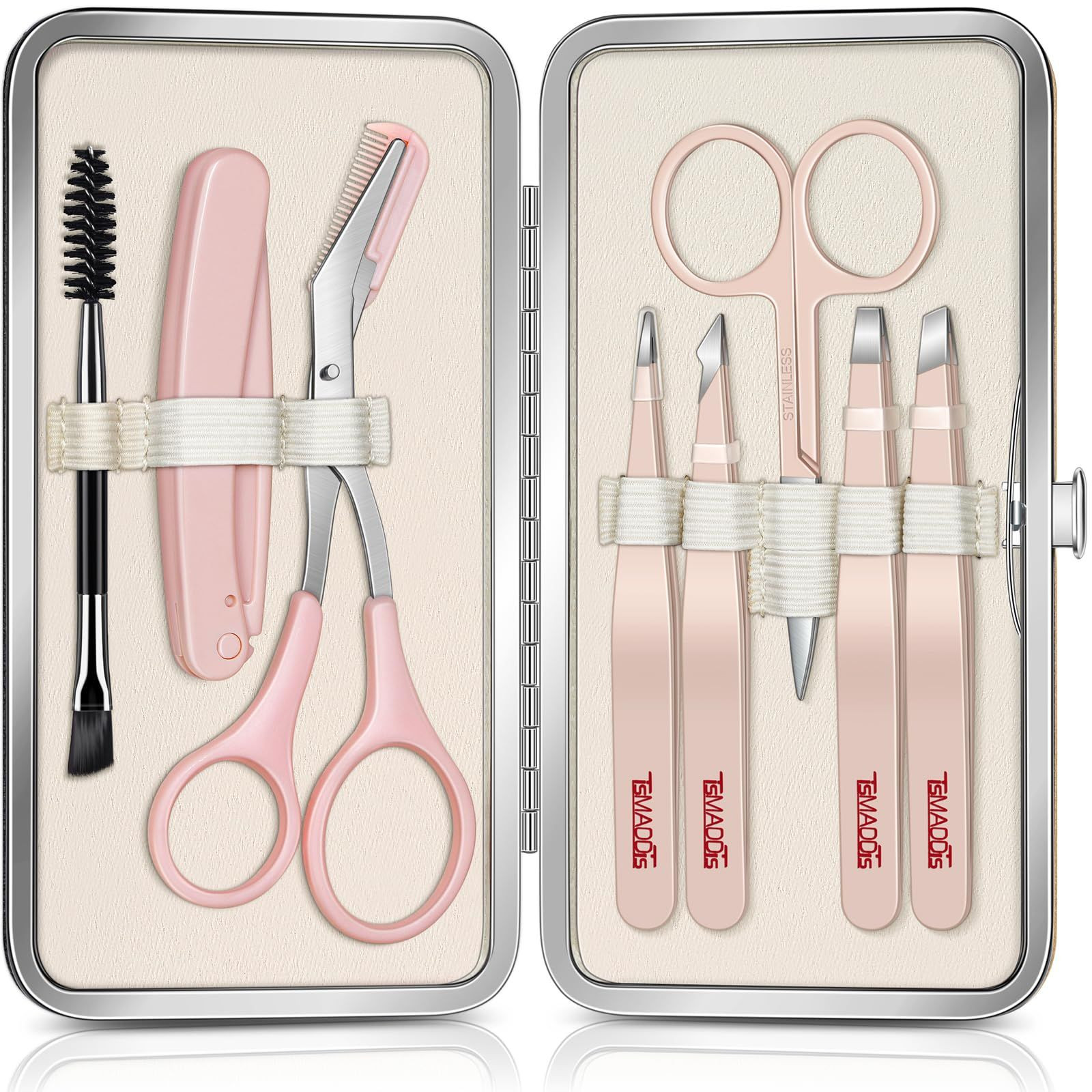 TsMADDTs Tweezers for Women Facial Hair, 8 in 1 Eyebrow Kit with A-pink