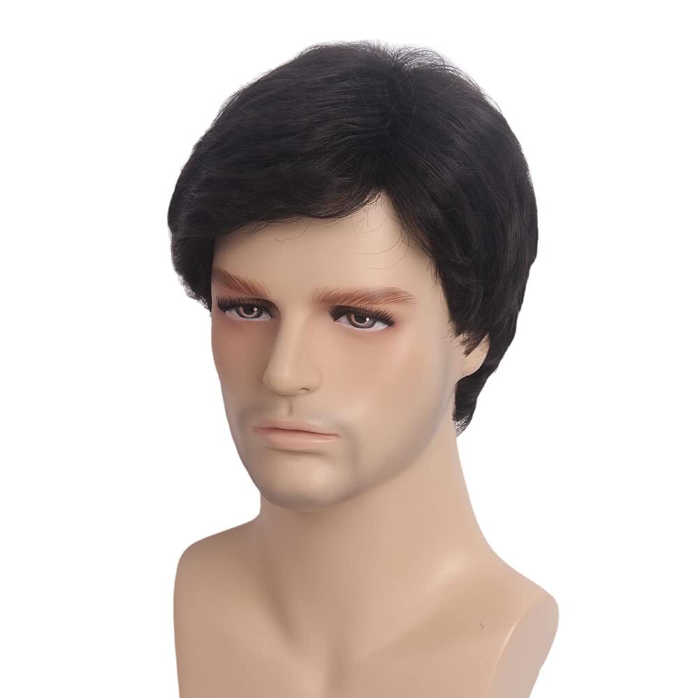 Handsome Adult Men Short Wavy Wig Natural Black Cosplay Party Layered Full Hair