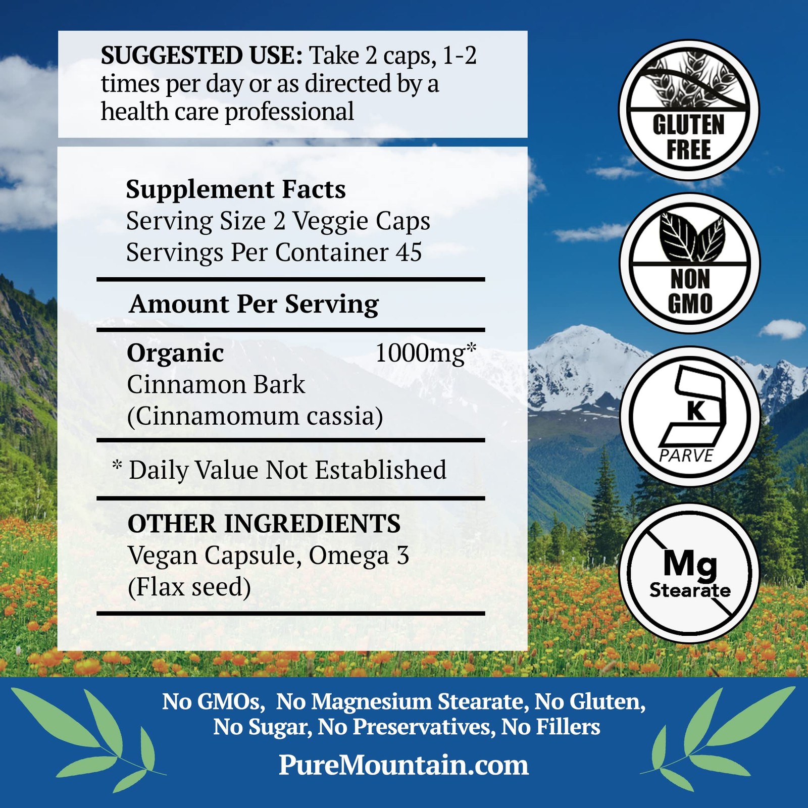 Pure Mountain Cinnamon Capsules 1000mg Organic Cassia Cinnamon Bark Supplement