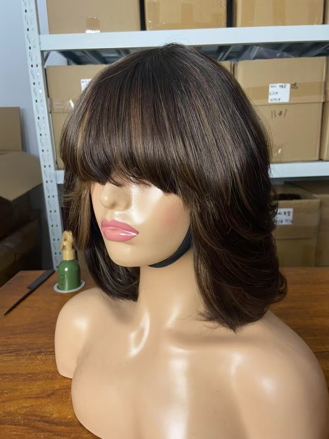 Human Hair Short Wig With Bangs Highlight Human Hair Wig None Lace