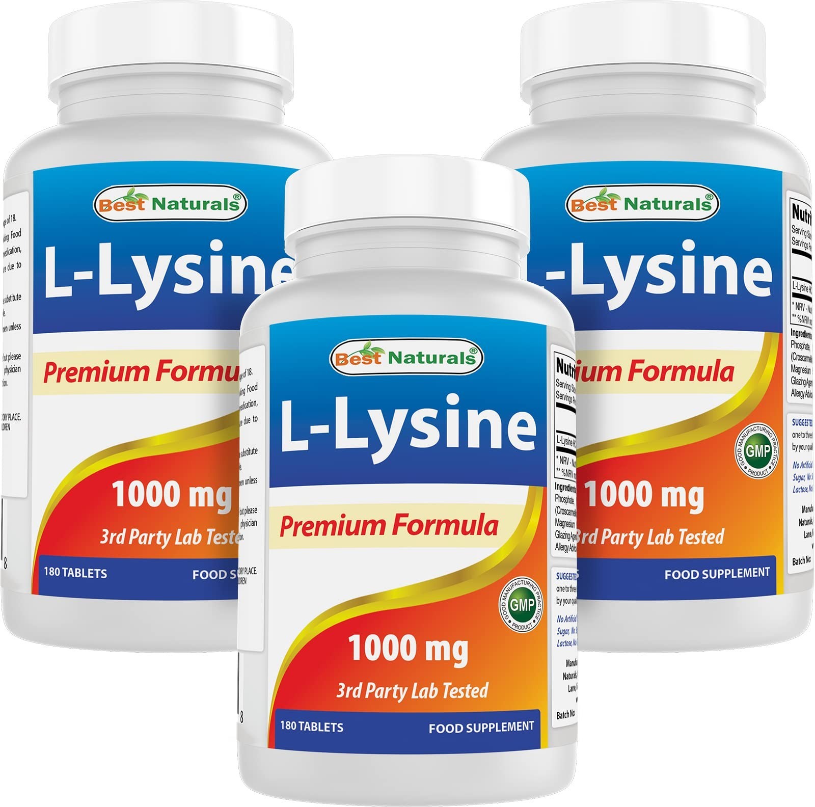 L-Lysine 1000mg – 180 Tablets, Immune Support, Muscle Recovery, 3 Bottles