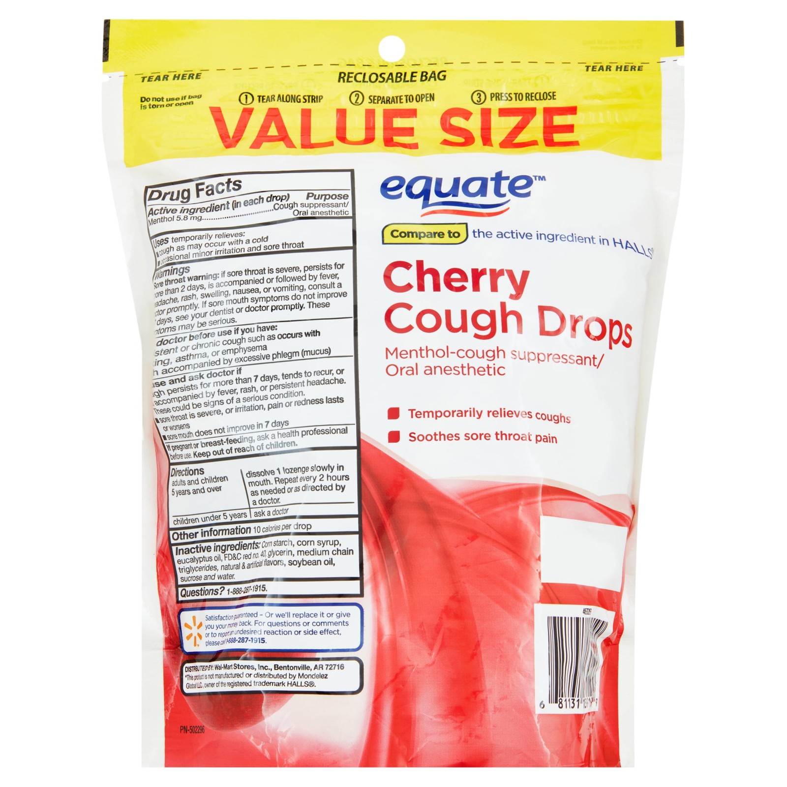 Equate Sore Throat & Cough Relief Menthol Cough Drops, Cherry Flavor, 160 Count