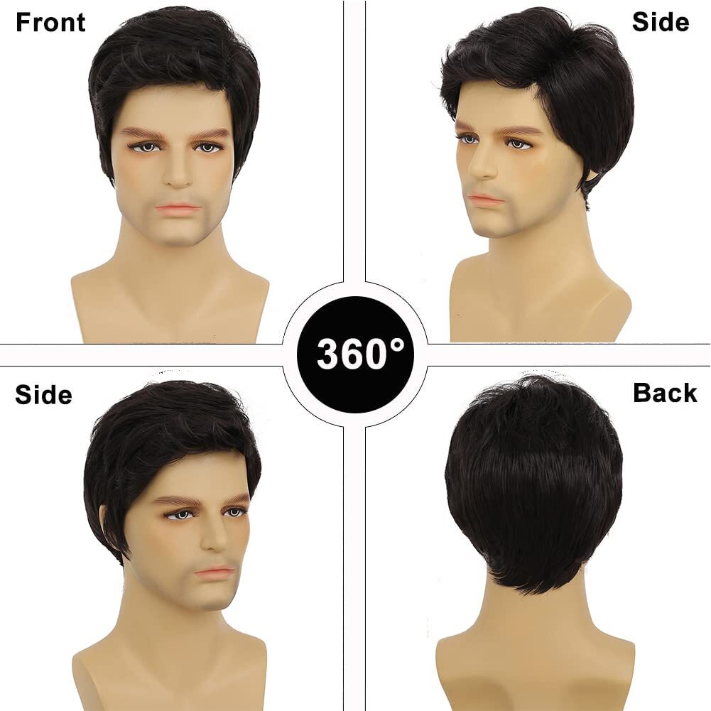 Handsome Adult Men Short Wavy Wig Natural Black Cosplay Party Layered Full Hair