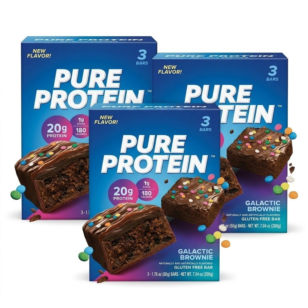 3 Packs Pure Protein Bars, Galactic Brownie, Gluten Free, 20g Protein, 1.76 oz,4