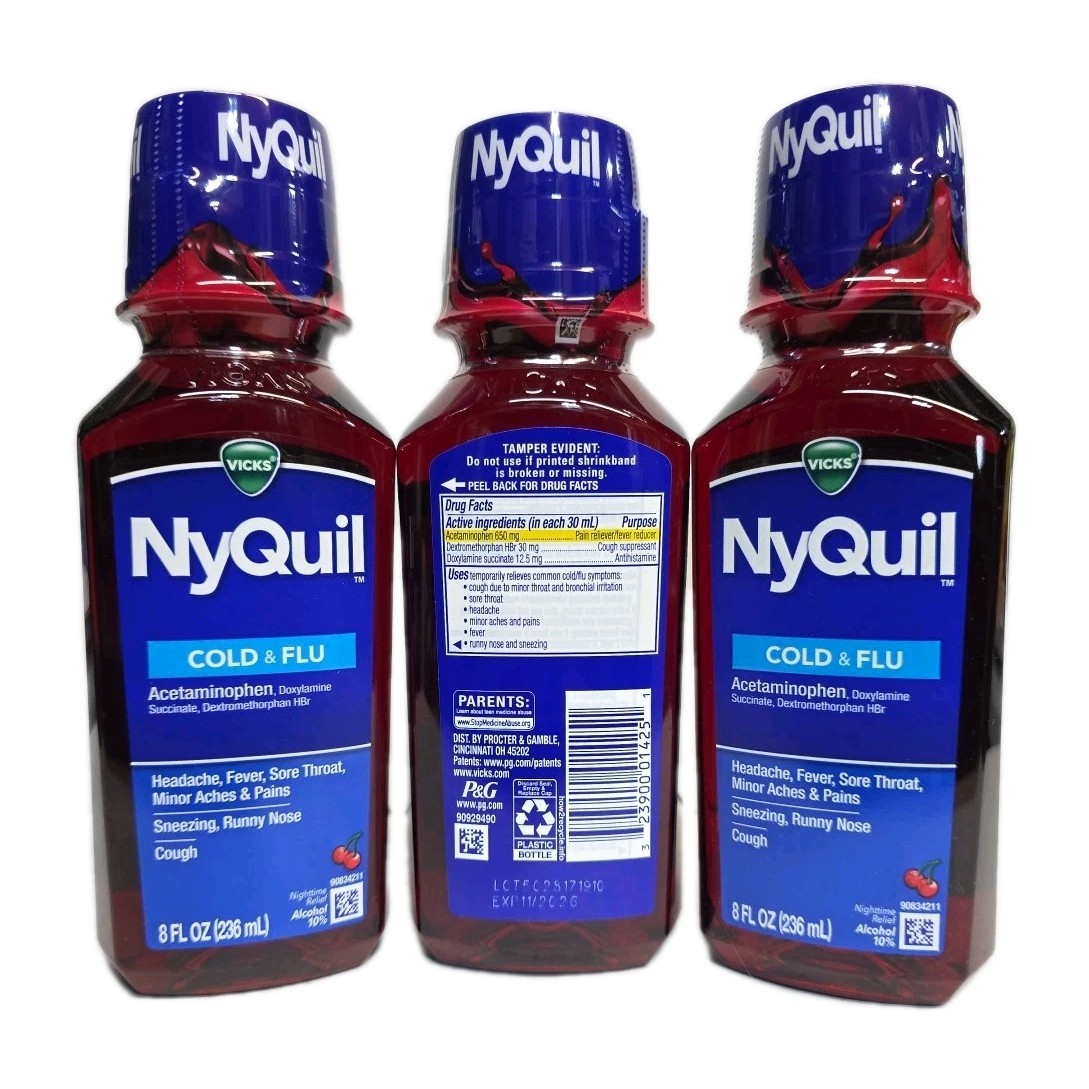 Vicks NyQuil, Nighttime Cold & Flu 8 Fl Oz, Cherry Flavor 3/2/1 Pack Exp:11/25