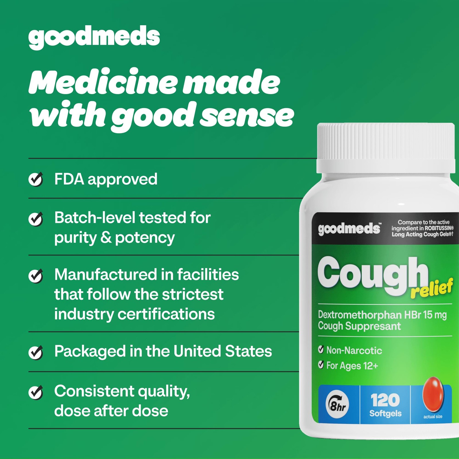 Cough Relief for Adults Softgels Dextromethorphan HBr DXM 15mg 8Hour, Non-Dro…