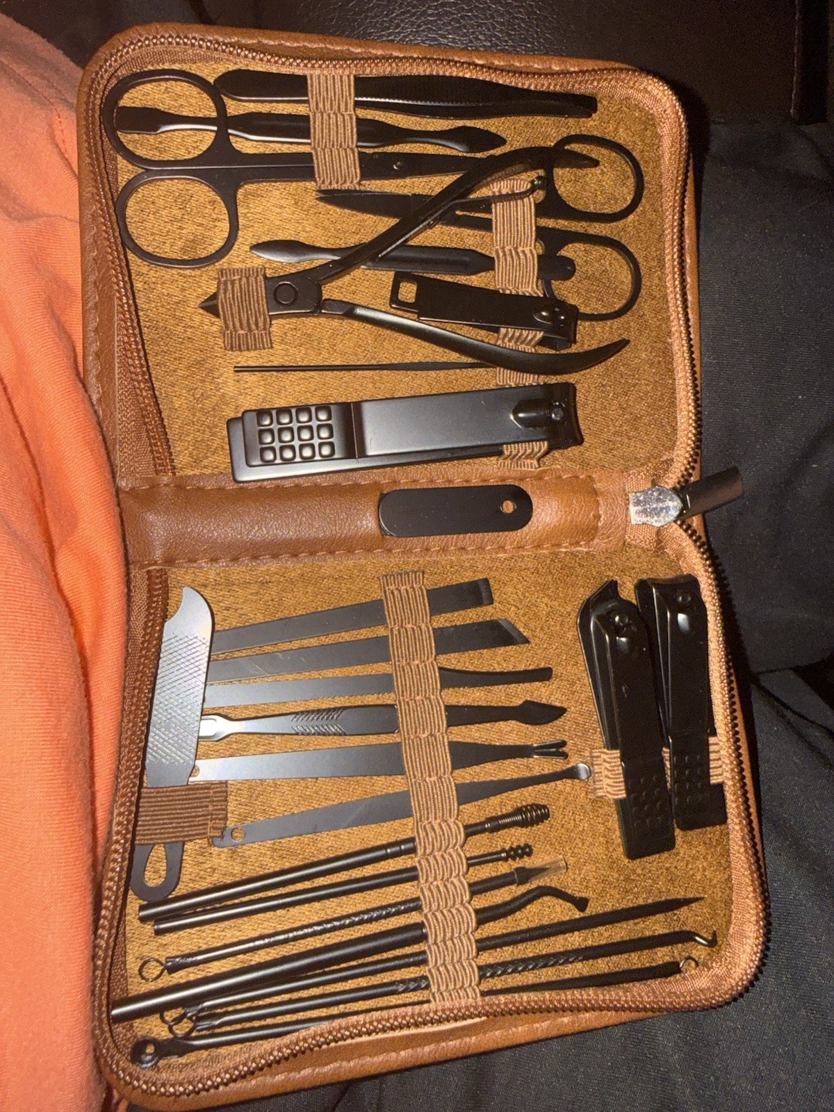 Brown Travel Size Zippered Manicure Set w/ Clippers, File, Scissors, Tweezers