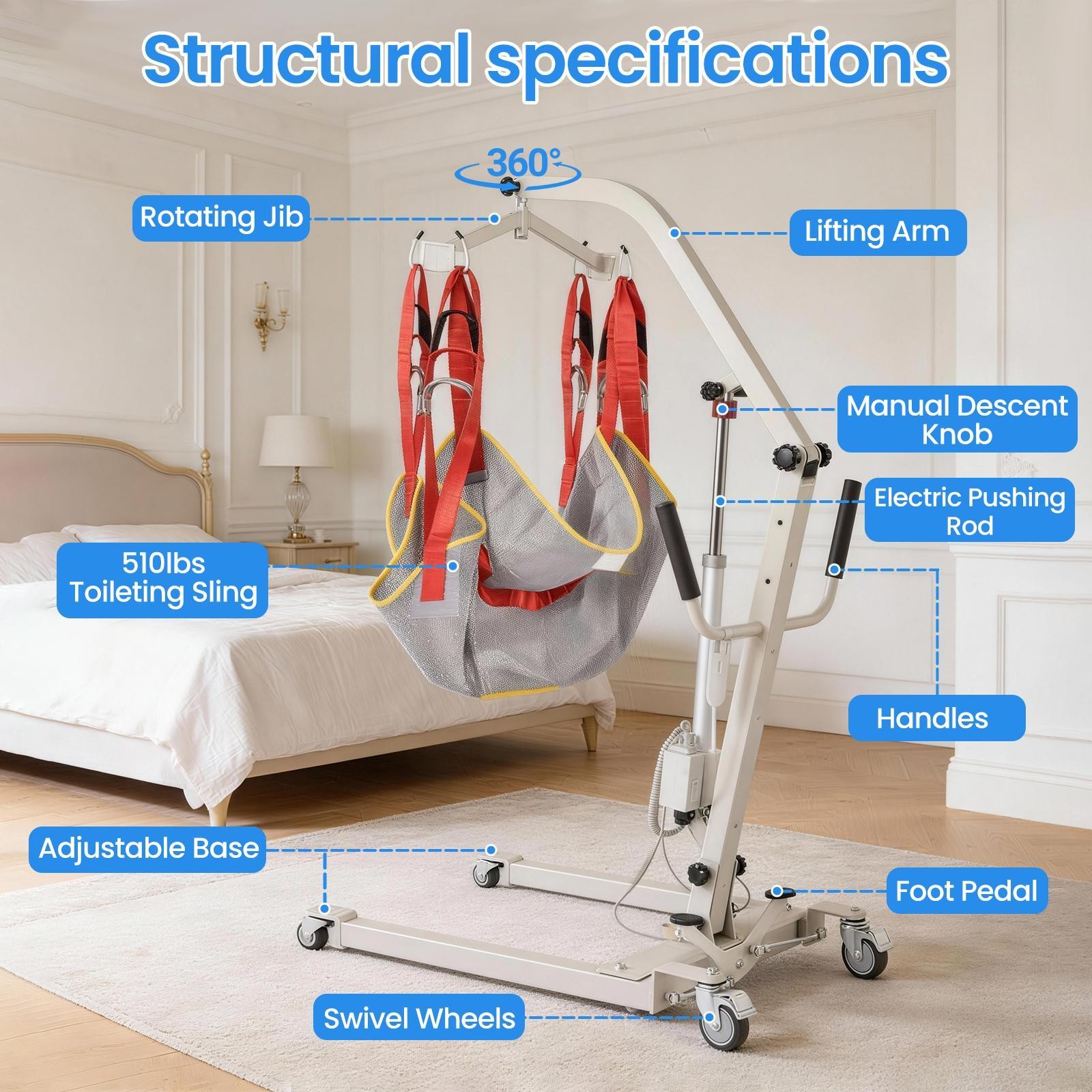 Upgrade Foldable Electric Patient Lift, Medical Transfer, 510LBS