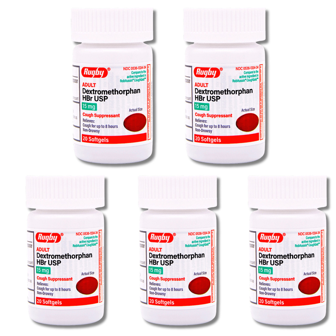 Rugby Dextromethorphan 15mg – 20 Softgels | Robitussin Cough Gel 3-2025 (5 Pack)