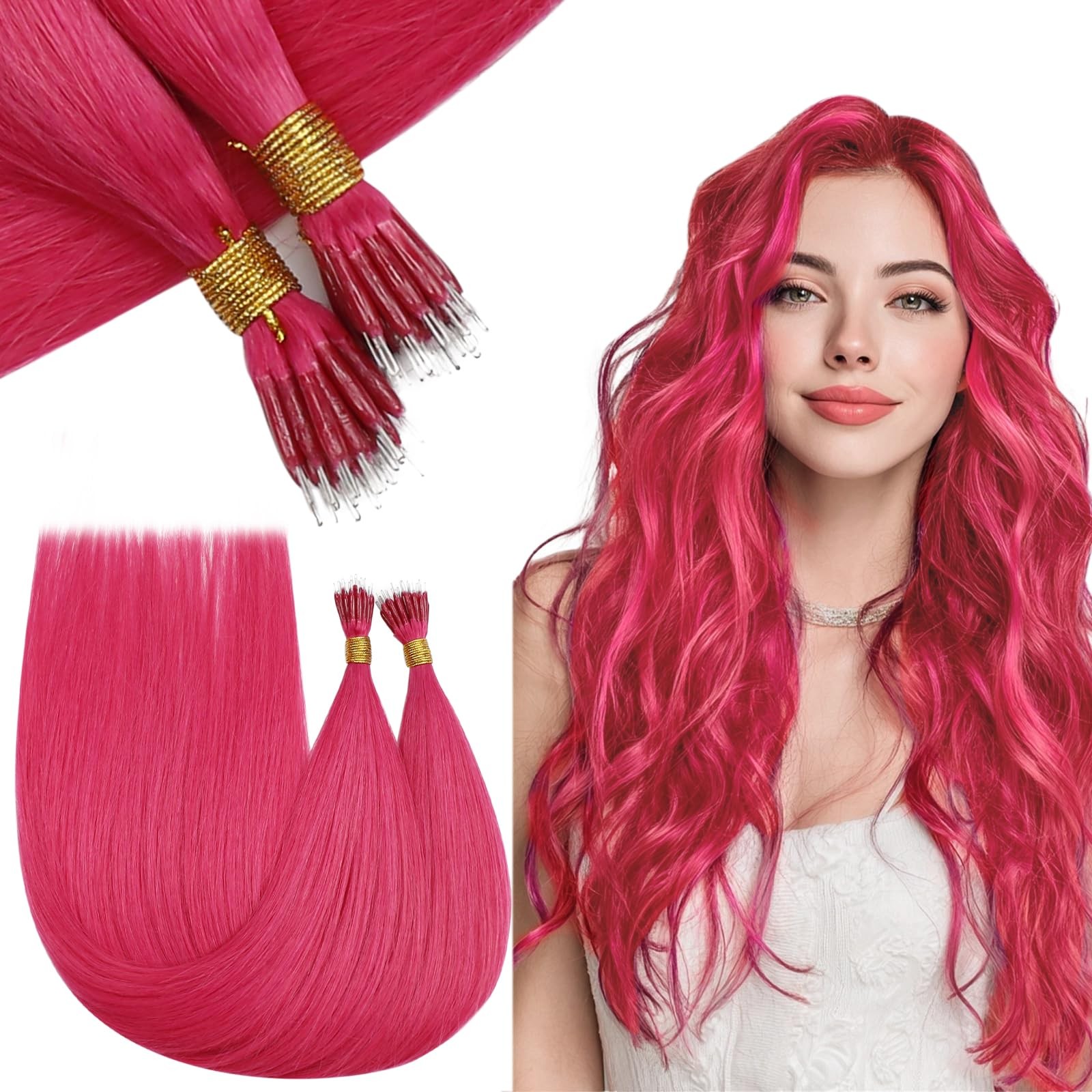Runature Hot Pink Nano Bead Hair Extensions Human Hair 22 Inch 50G 50S