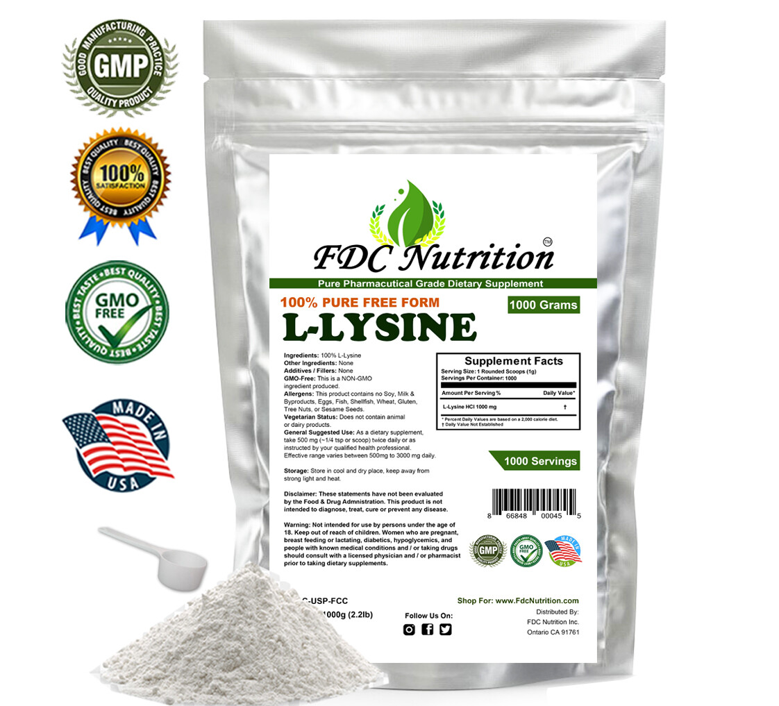 1000g (2.2 lb) L-LYSINE HCL PURE POWDER US PHARMACEUTICAL GRADE KOSHER