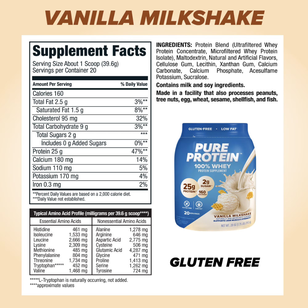 Pure Protein 100% Whey Protein Powder, Vanilla Cream, 25g Protein, 1.75 lbs New