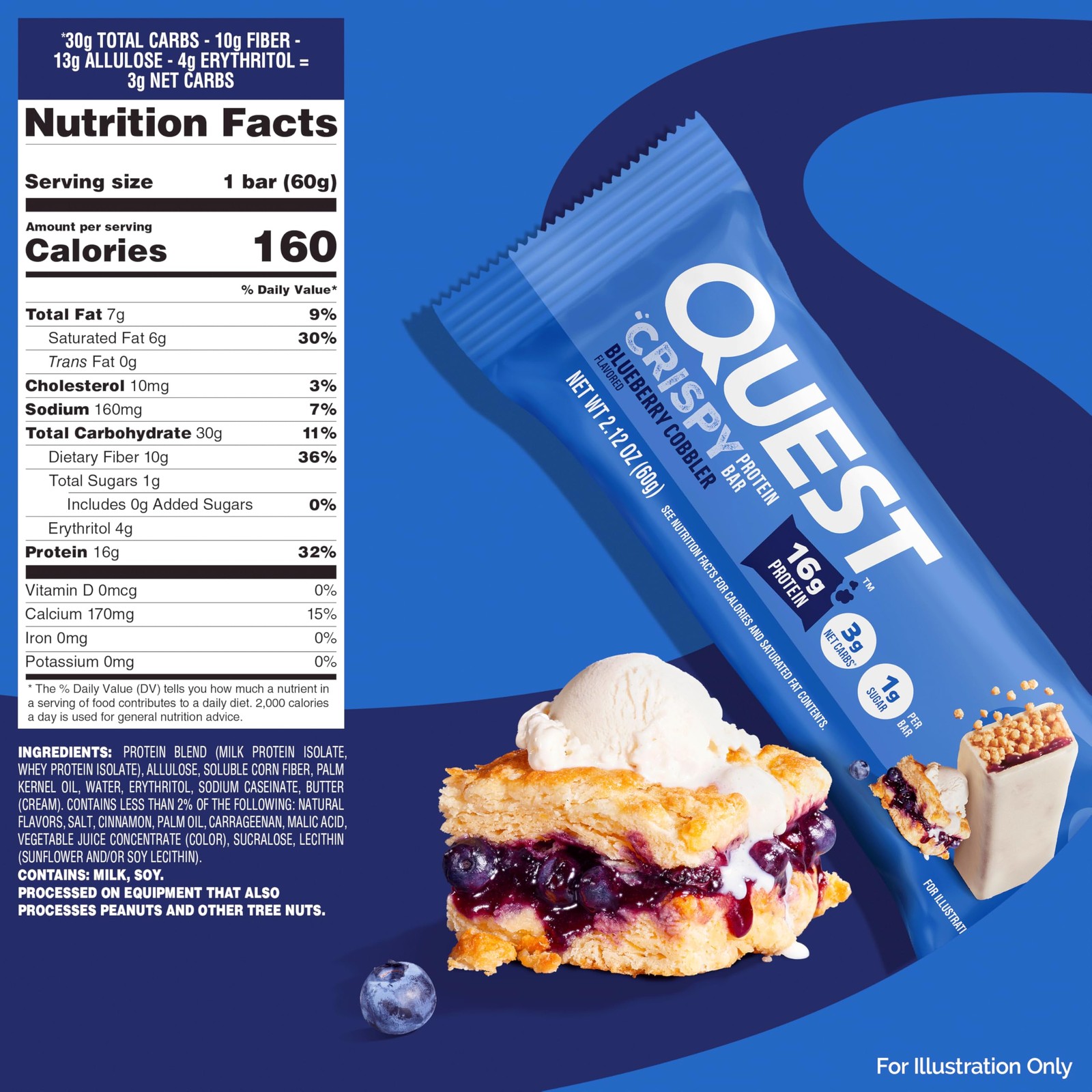 Quest Nutrition Crispy Blueberry Cobbler Hero Protein Bar, 16g 12 Count