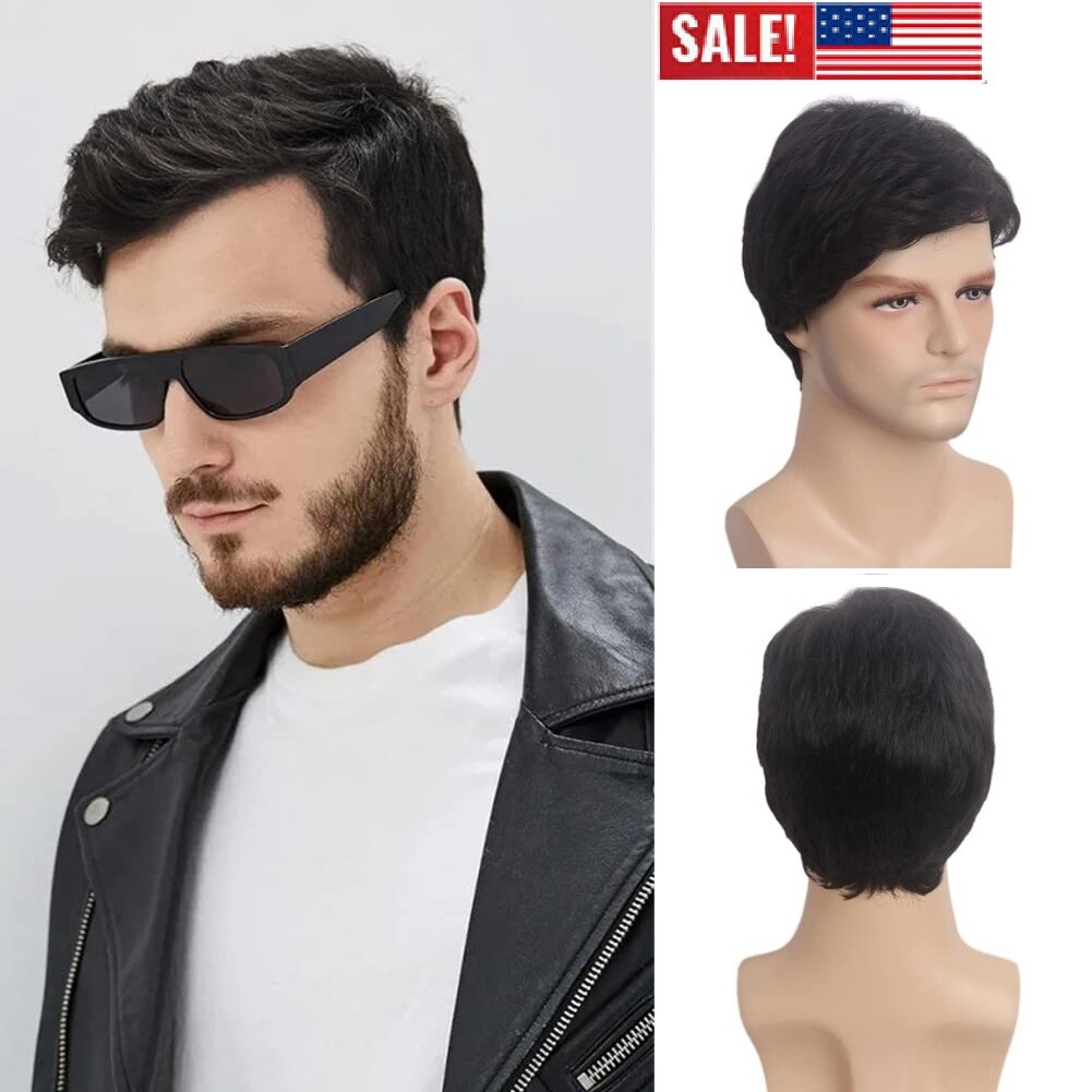 Handsome Adult Men Short Wavy Wig Natural Black Cosplay Party Layered Full Hair