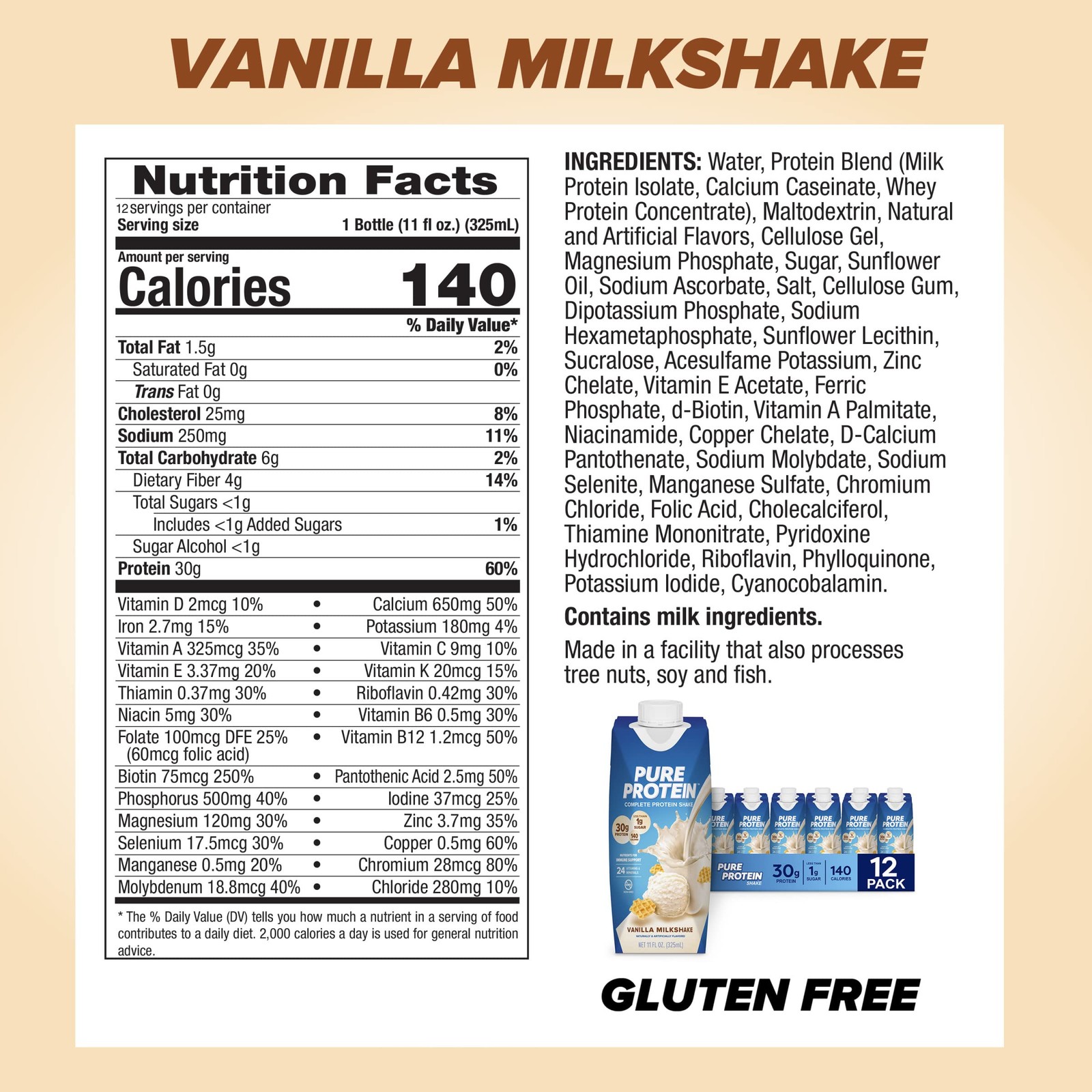 Pure Protein Vanilla Protein Shake, 30g Complete Protein 11oz Bottles, 12 Pack