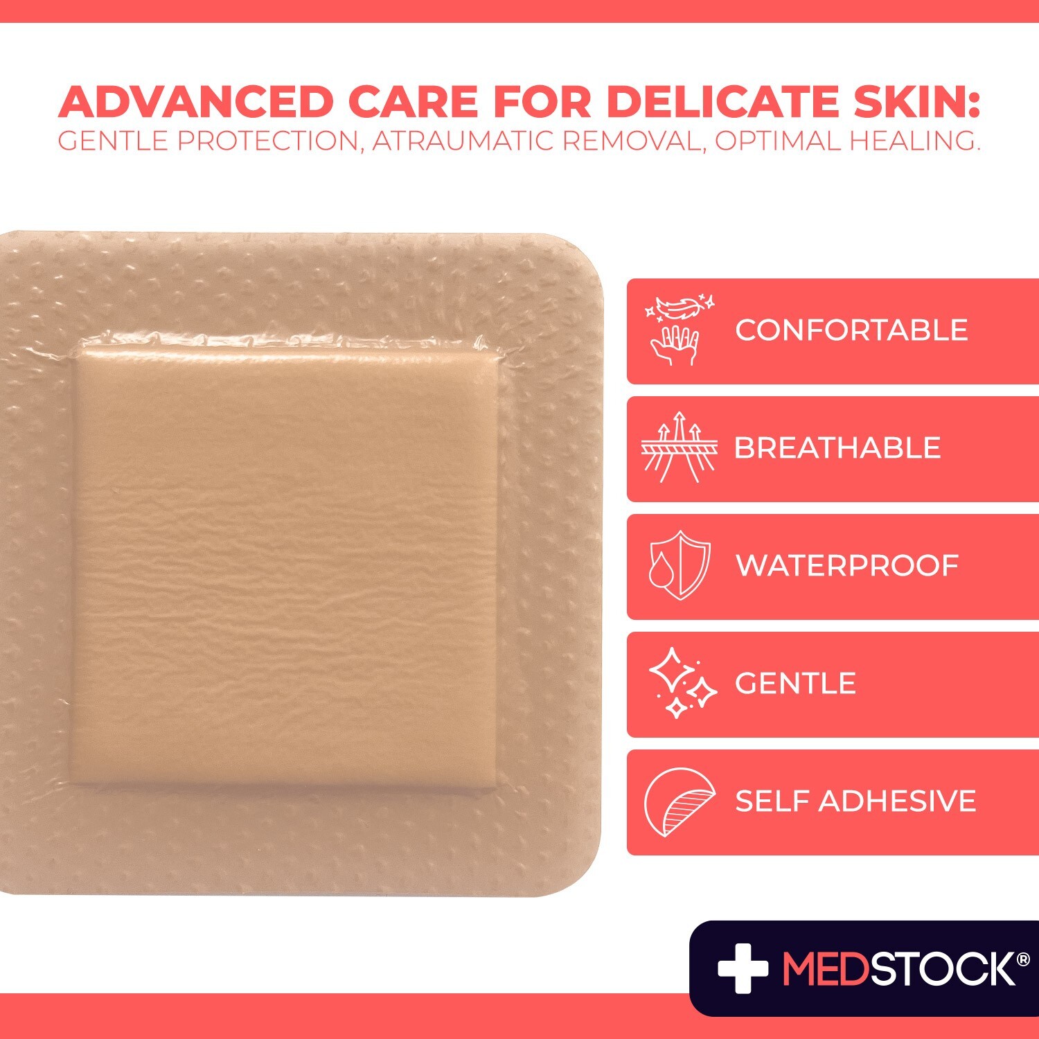 MEDSTOCK Silicone Foam Lite Dressing with Border – 4″ x 4″ (Box of 10)