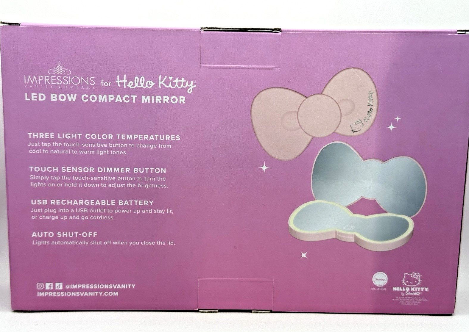 Hello Kitty Handheld LED Mirror- Pink Bow -Rechargeable battery 3 temp Large NIB