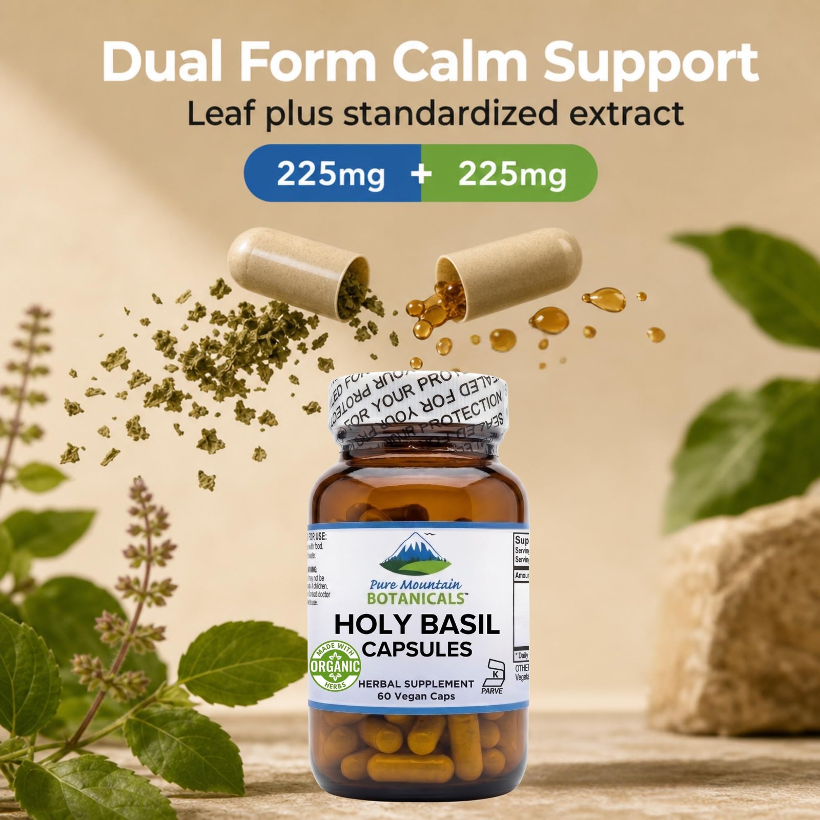 Pure Mountain Botanicals Holy Basil Supplement – Kosher Organic Tulsi Capsules